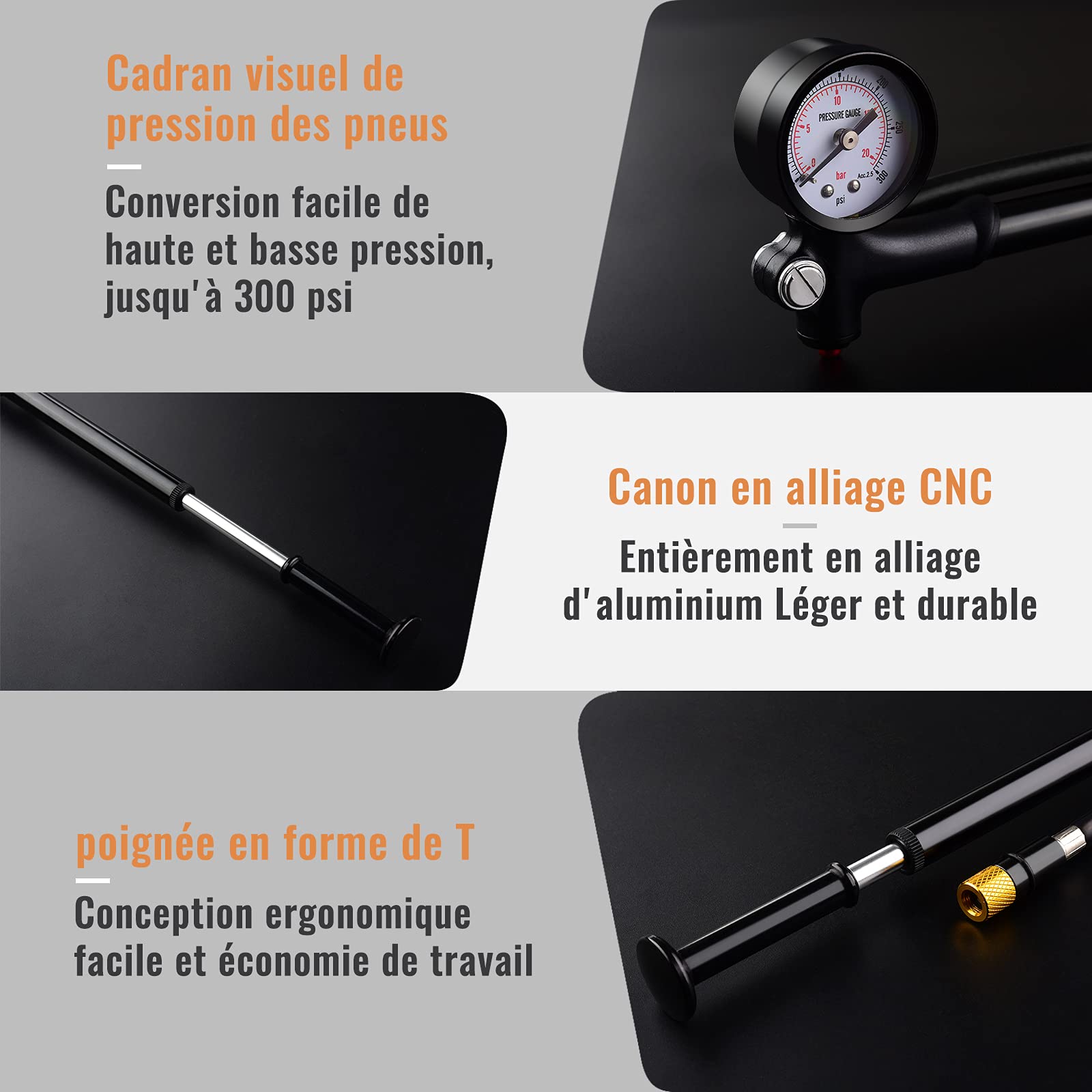 Diyife Pompes Amortisseurs avec Baromètre, [300 PSI] Haute Pression Pompe d'Amortisseur, Mini Portative Shock Pump, pour Fourche Avant de Suspension Arrière, Vélos, Fauteuils Roulants, VTT