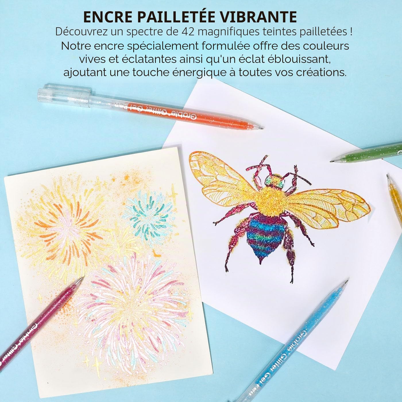 Grabie 42 couleurs Set de stylos gel pailletés à capuchon, pointe moyenne 1,0 mm, pointe roller lisse, stylos gel métalliques scintillants pour colorier, set de 42 couleurs