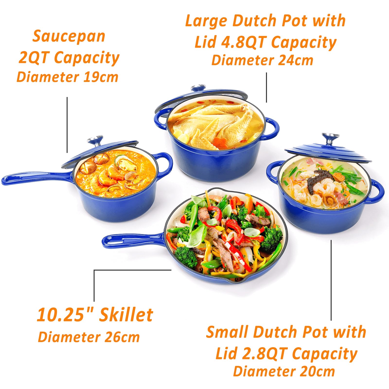 Denmay Batterie de cuisine en fonte émaillée – 7 pièces avec four hollandais, poêle à frire, casserole à sauce avec 3 couvercles, kit de four hollandais pour tous les types de feux, marmite à pain