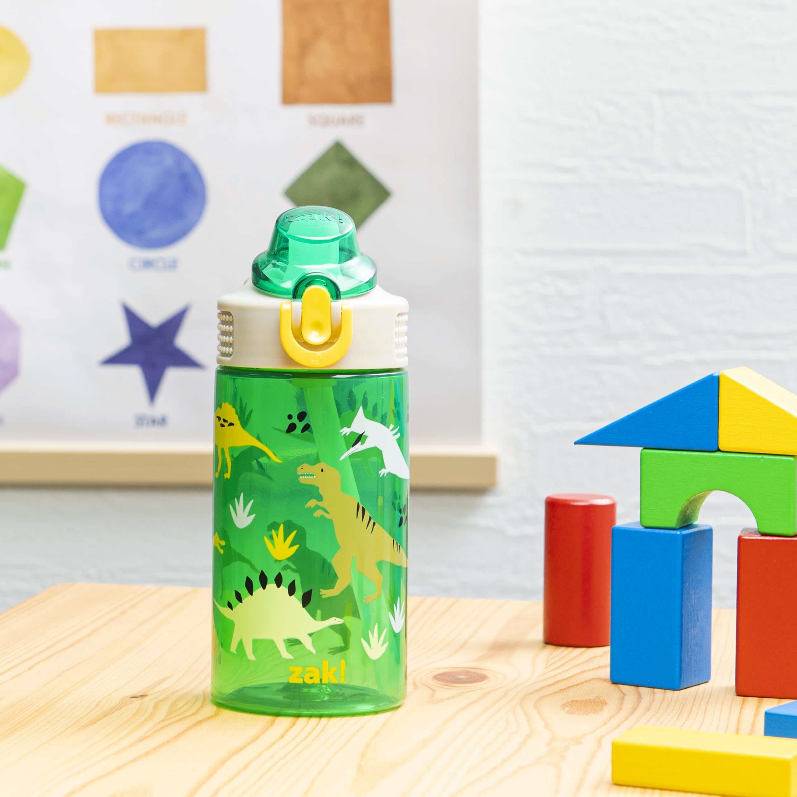 Zak Designs Sage Kinder-Wasserflasche für Schule, Reisen oder zu Hause, 473 ml, langlebige Kunststoff-Wasserflasche mit Strohhalm, Griff und auslaufsicher, Pop-Up-Auslaufabdeckung (Dino)