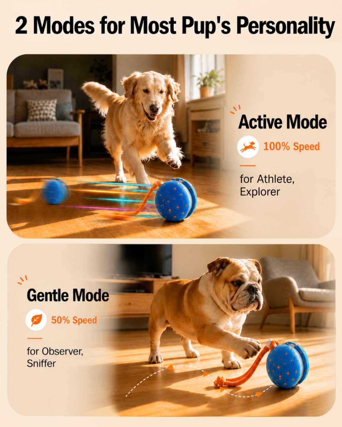 osou Jouet interactif pour chien, balle roulante pour chien avec corde, 2 modes de vitesse, activé par le mouvement, coque en ETPU sans danger pour les animaux de compagnie, jouet à déplacement