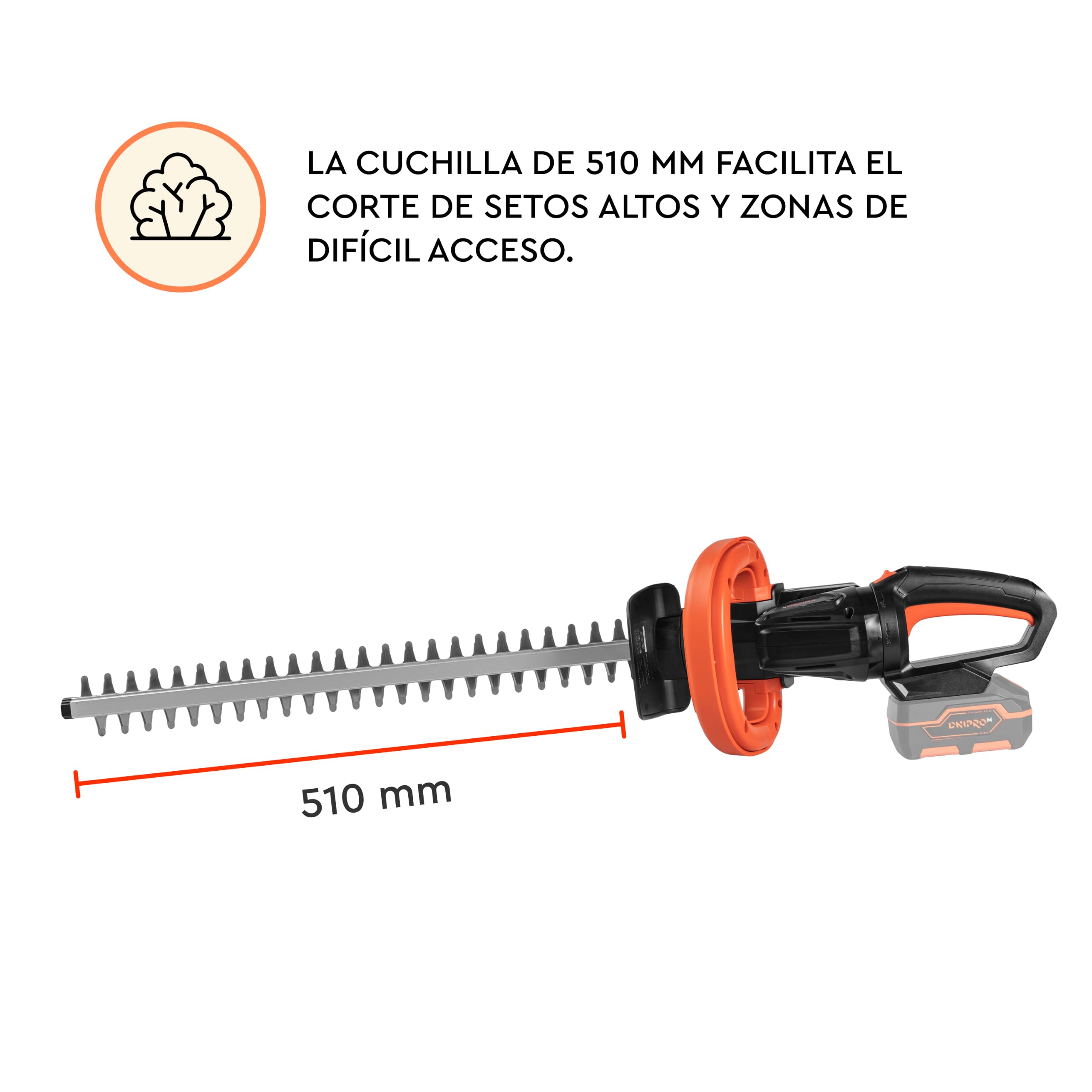 Cortasetos a Batería DHT-200 20V - Cuchilla de 51 cm, Corte Máximo de 1,5 cm, Mango Giratorio 45° y 90° - Podadora Inalámbrica para Setos, Arbustos y Jardín, Con Batería 4 Ah y Cargador - Por Dnipro-M