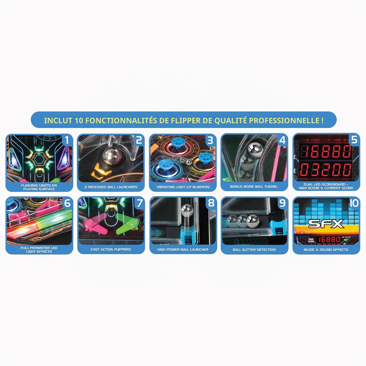 Merchant Ambassador Electronic Arcade Pro Pinball – Jeu de table lumineux et sonore, double tableau d'affichage LED, 10 fonctionnalités de qualité professionnelle, adultes et enfants à partir de 6 ans