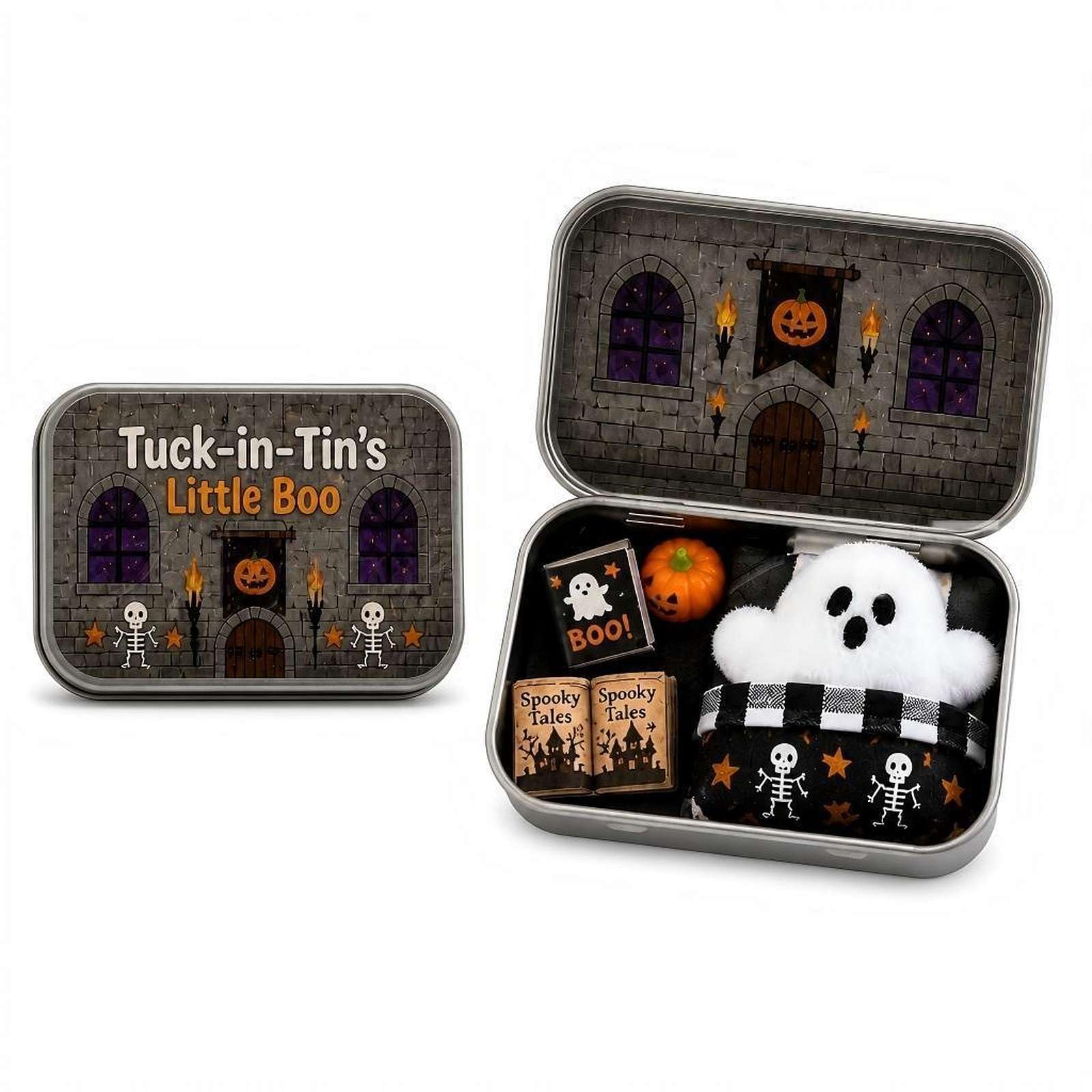 Halloween Mini Ghost Tin Box Set, Little Boo Cute Ghost in Box, Miniature Halloween Set Includes Plush Ghosts Sleeping Bag Spooky Books & Small Orange Pumpkin