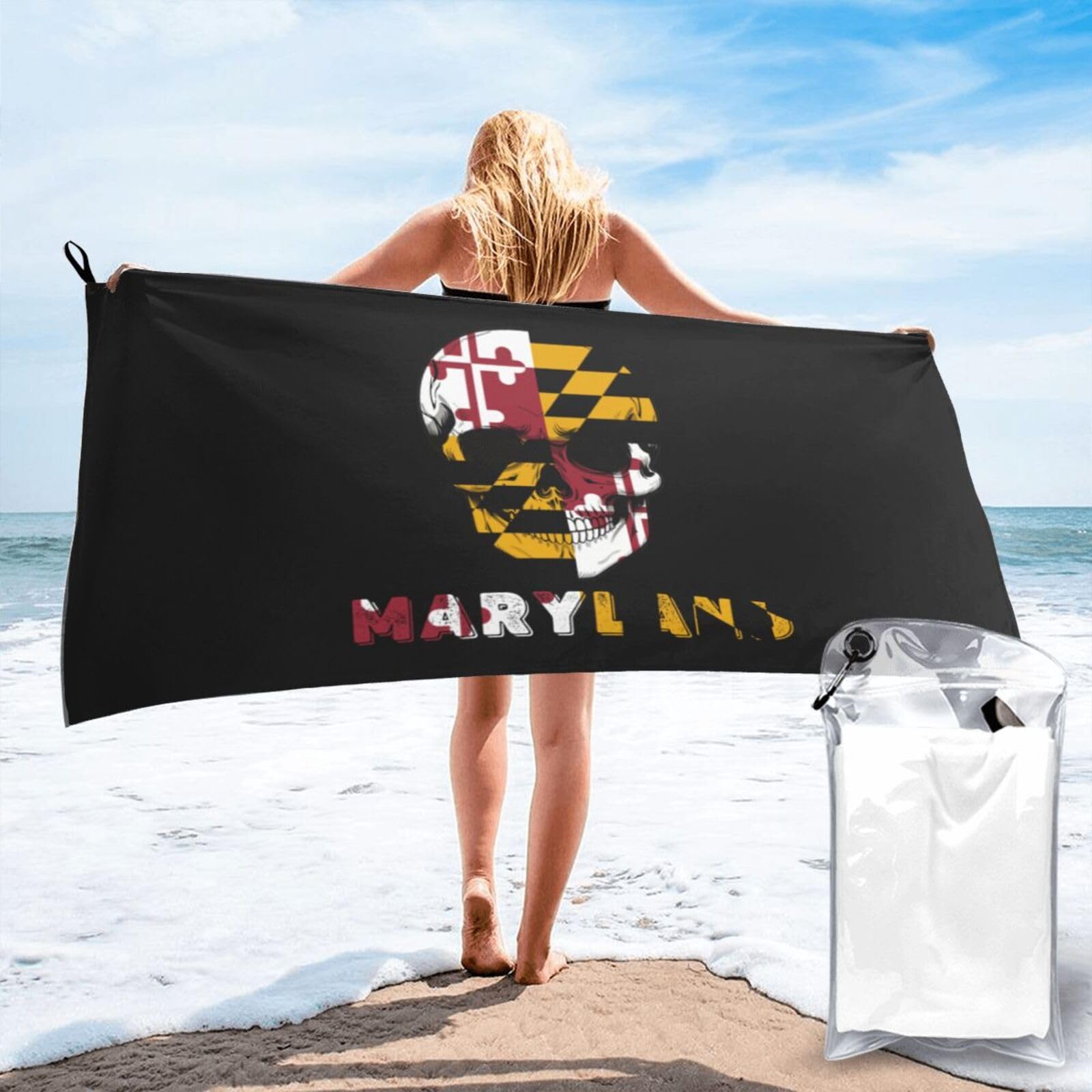 HACXZ Skull Maryland Flag Lightweight Absorbent Beach Towel Microfiber Beach Towel 27.5"X55"