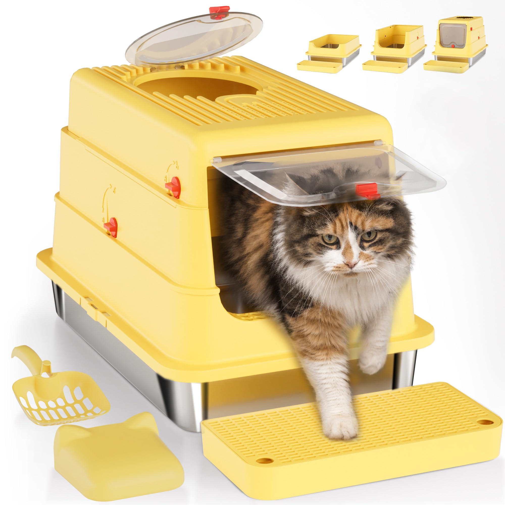 Stainless Steel Cat Litter Box with Flip Hood for Large Cats, Yellow