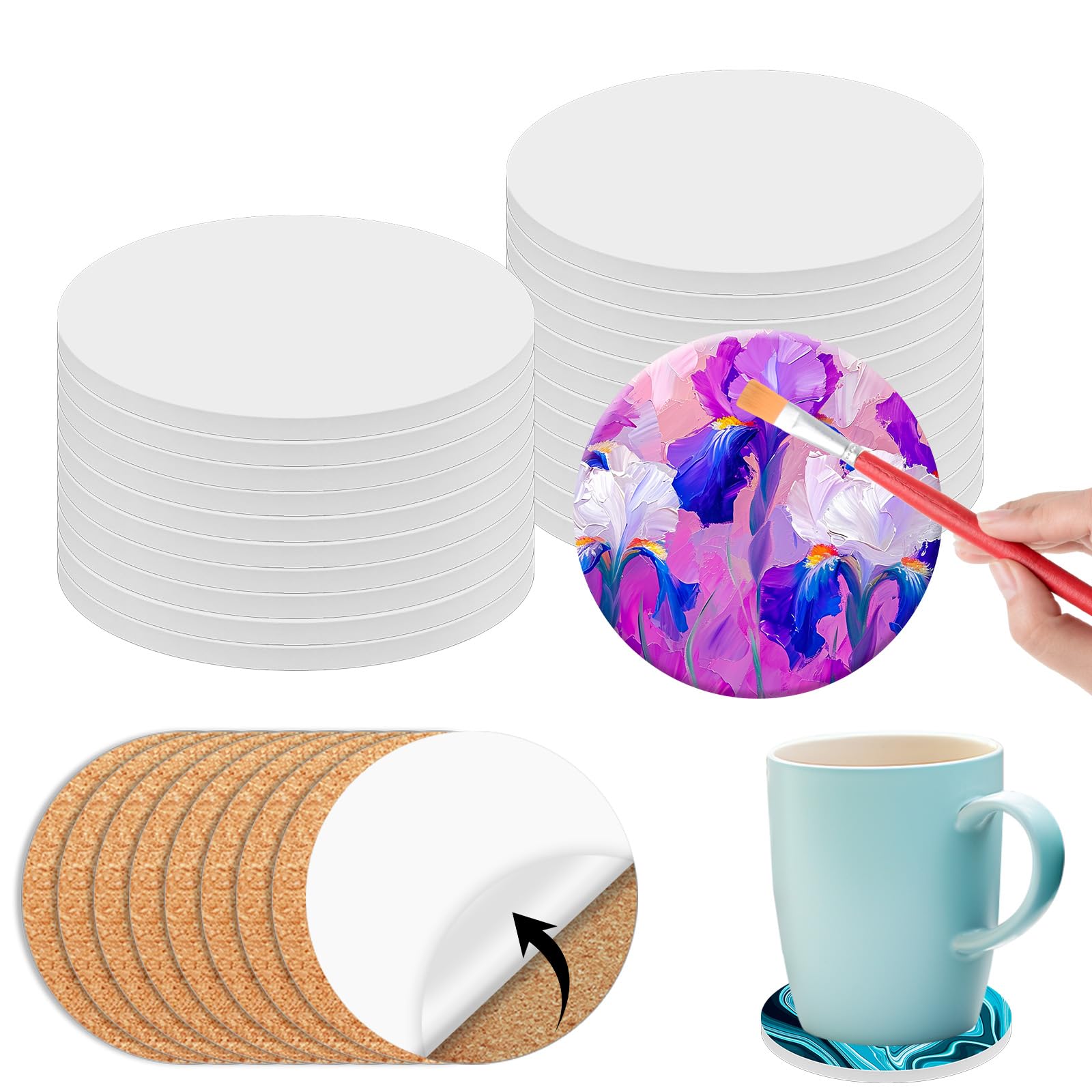 24 Pcs Round Ceramic Tiles for Crafts 4x4 inches，Equipped with self Adhesive Cork mat, unglazed Ceramic Coasters for Crafts,Use with Alcohol Ink or Acrylic Pouring Make Your Own DIY Coasters