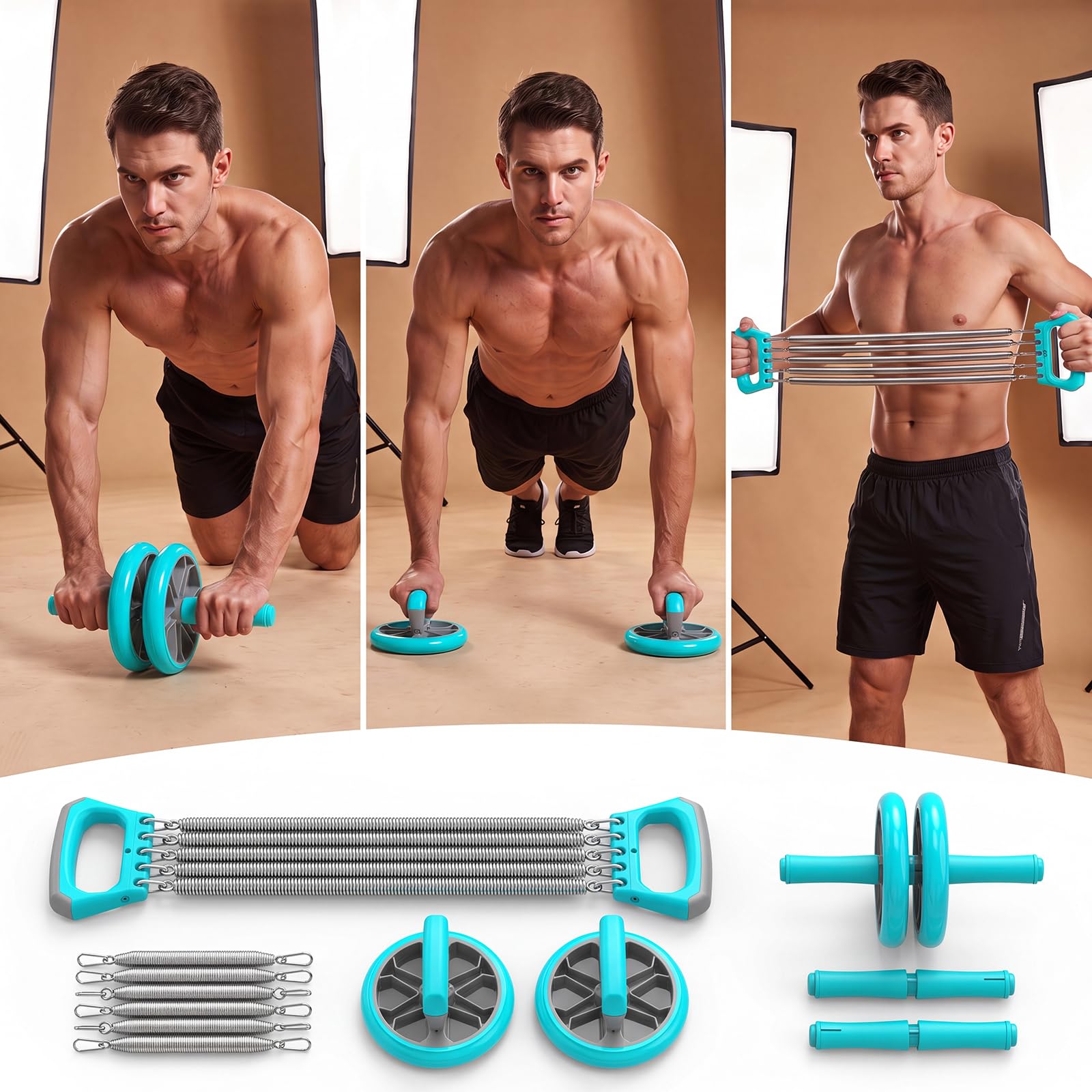 Zestaw treningowy 3 w 1 Ab Roller Push Up Bar Chest Expander | Stalowa rurka antypoślizgowe uchwyty piankowe rdzeń ramię ramię mięsień domowa siłownia zestaw fitness