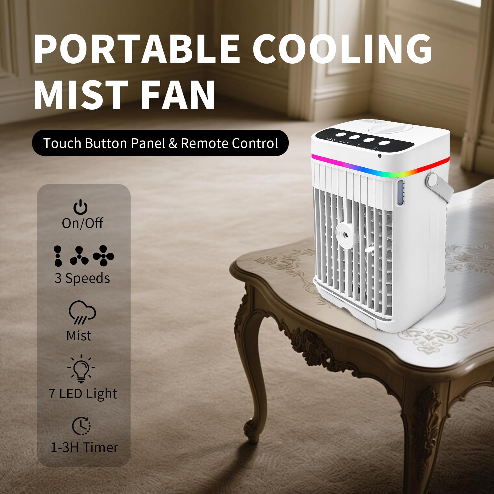 Aire acondicionado portátil, mini enfriador 4 en 1 con refrigeración rápida, función de niebla, luz LED, 3 velocidades y temporizador, ventilador USB silencioso para uso en verano