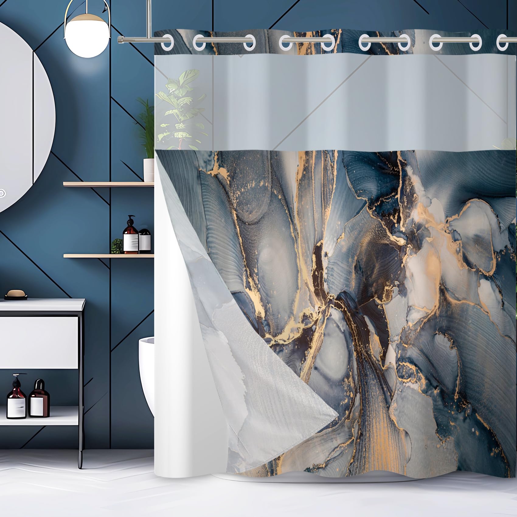Baocicco No Hook Blue Gold Marble Shower Curtain with Snap in Liner Gold Texture Luxury Modern Shower Curtain with Snap-in Fabric Liner Set Double