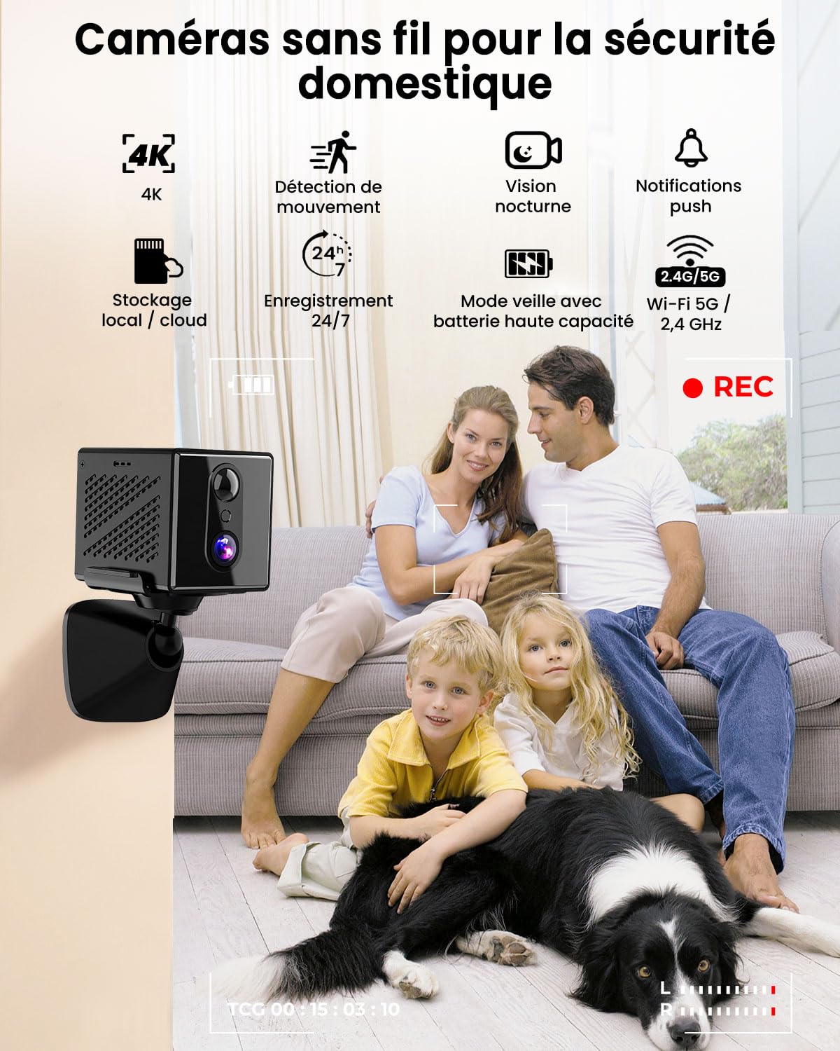 Mini Caméra Espion Sans Fil, 4K Caméra WiFi Intérieur 5G & 2.4GHz, Détection de Mouvement, Vision Nocturne, Batterie 2000 mAh Ultra Longue Autonomie, Stockage Cloud Gratuit, Carte SD, Idéale pour Ma