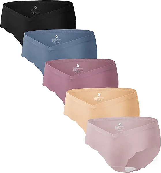 Angelhood 5 Pack Maternity Underwear Seamless, Pregnancy Postpartum Panties Wave Edge No Show Bikini Under Bump