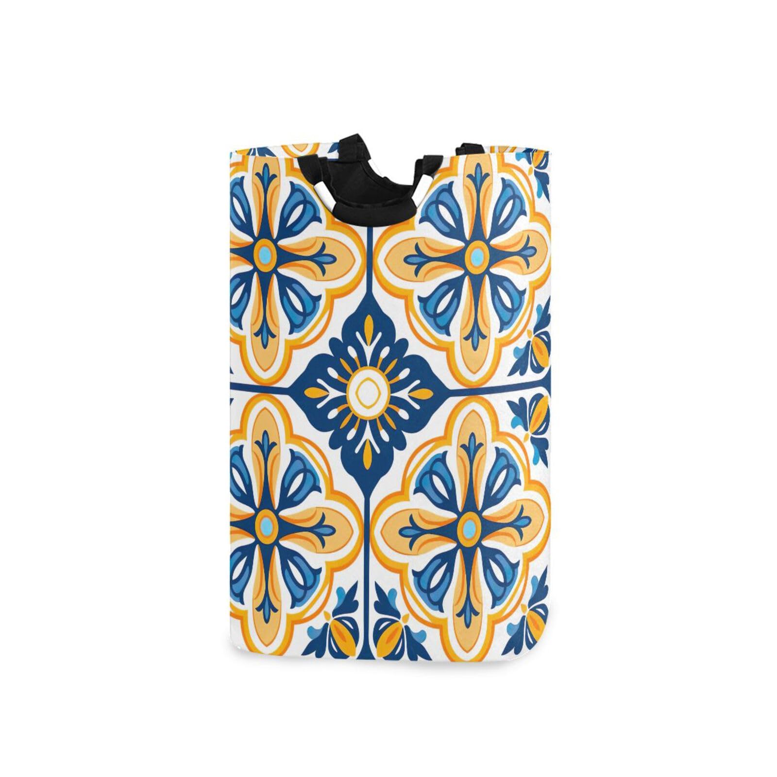 Jihqo Laundry Hamper Basket Mexican Talavera Tile Collapsible Nursery Storage Bin Waterproof Clothing Baskets for Home Bedroom Bathroom Washing Room