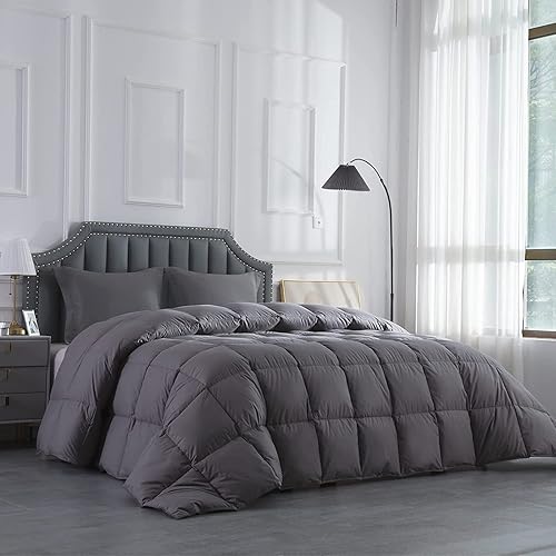 HOMBYS Feather and Down Comforter, Queen Comforter 90 x 90, Grey Luxury Duvet Insert for All Season, 100% Cotton Cover Down Proof with Corner Tabs
