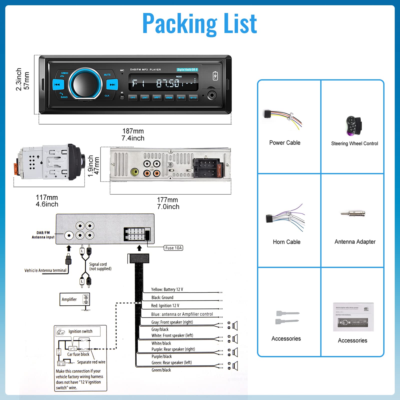 Hodozzy DAB+/DAB Autoradio 1 Din Bluetooth 5.0, 2xUSB/SD/EQ/Aux-in,Lenkradsteuerung,Freisprecheinrichtung,MP3 Player,25W*4