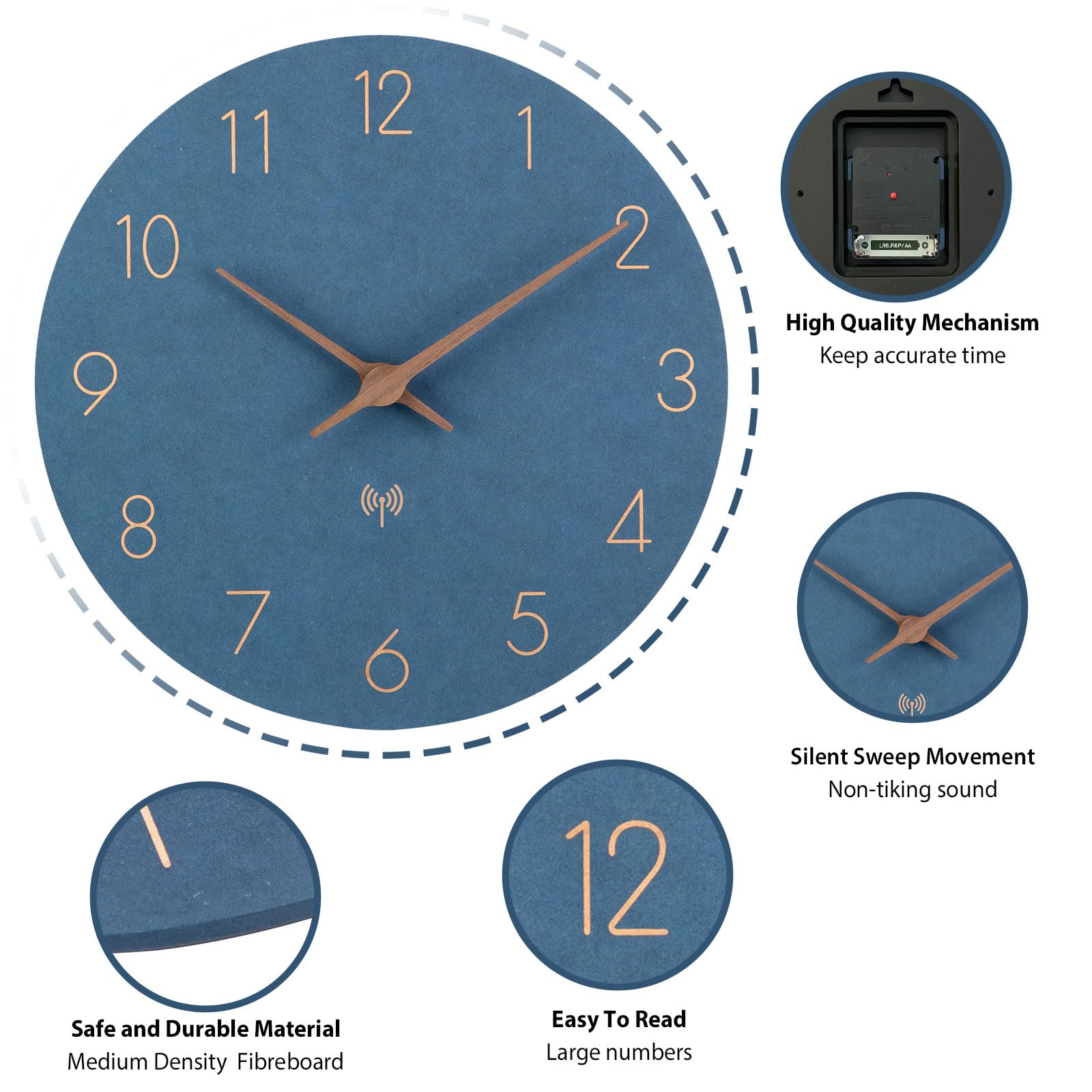 Horloge Murale Bois MDF 30 Cm Radio Pilotée Silencieuse - Design Moderne Digitale Grande Pour Maison
