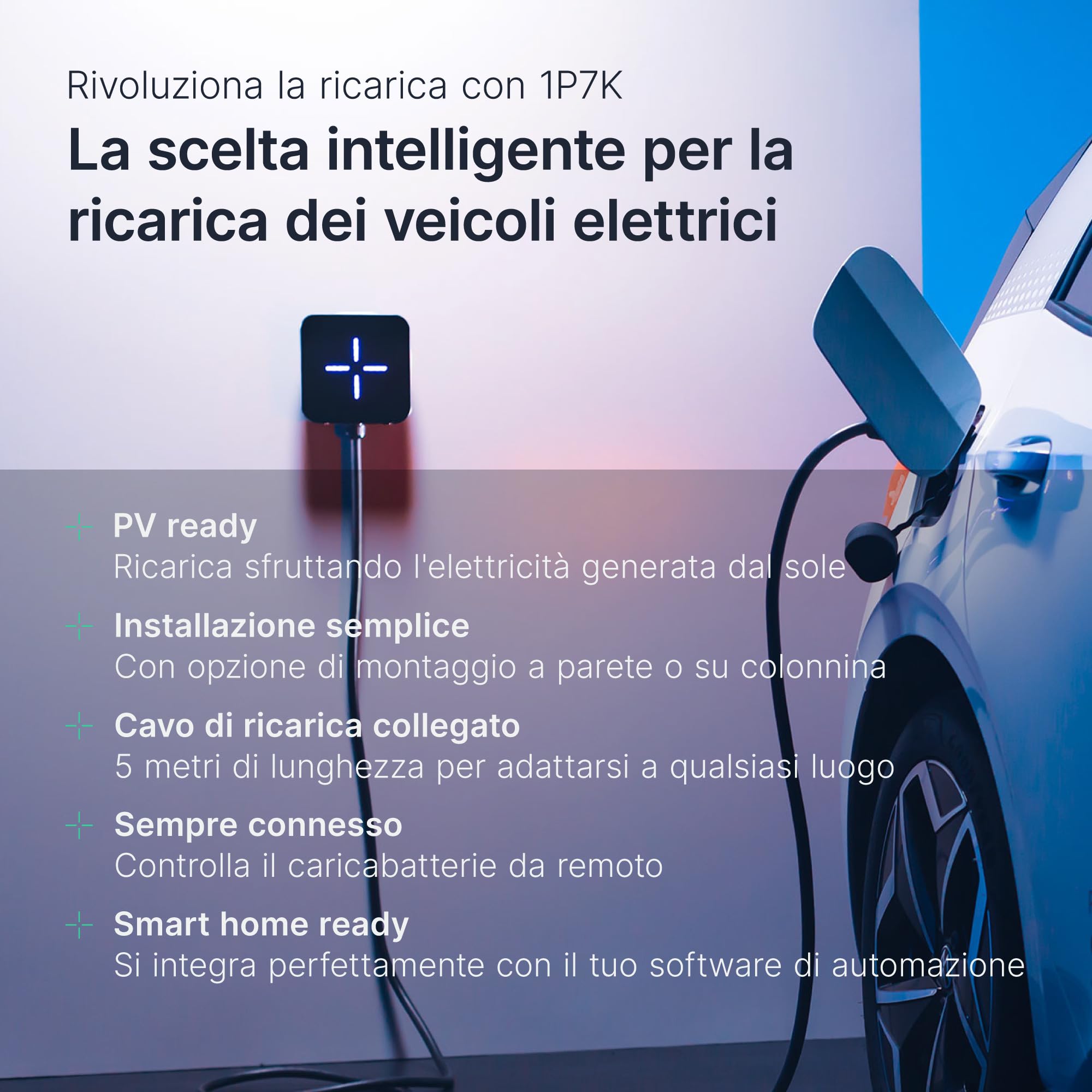 LEKTRI.CO – Stazione di Ricarica Auto 1P7K – Ricarica EV Ibrida (7.4kW), fotovoltaico, monofase 230V, Corrente 6-32A - Cavo di Ricarica EV 5m – Wi-Fi con App