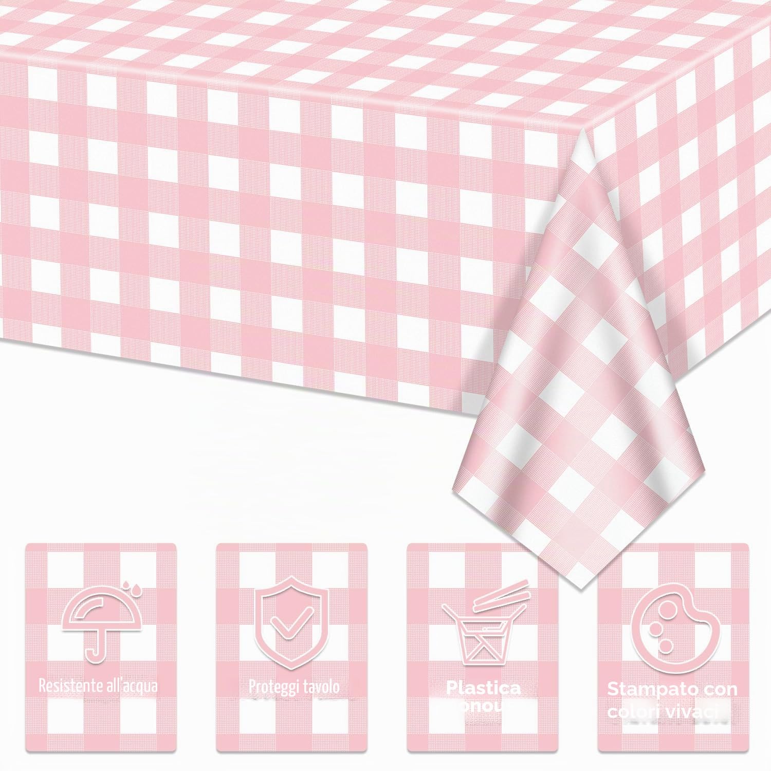 4 confezioni di tovaglie rosa a righe in stile Gingham, tovaglie a scacchi bianco e rosa 219,96 x 129,53 centimetri coperture per tavolo a righe rettangolari impermeabili per picnic per feste di