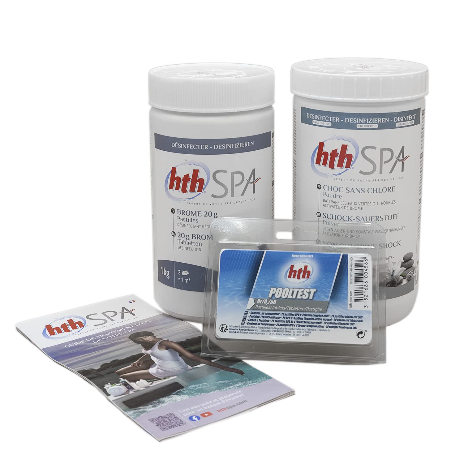 HTH Spa Petit Coffret DE Traitement AU Brome - 2,2kg | Kit Traitement et Entretien Essentiel - Désinfection Régulière et Choc sans Chlore + 10 Tests HPS OFFERTS 6 en 1
