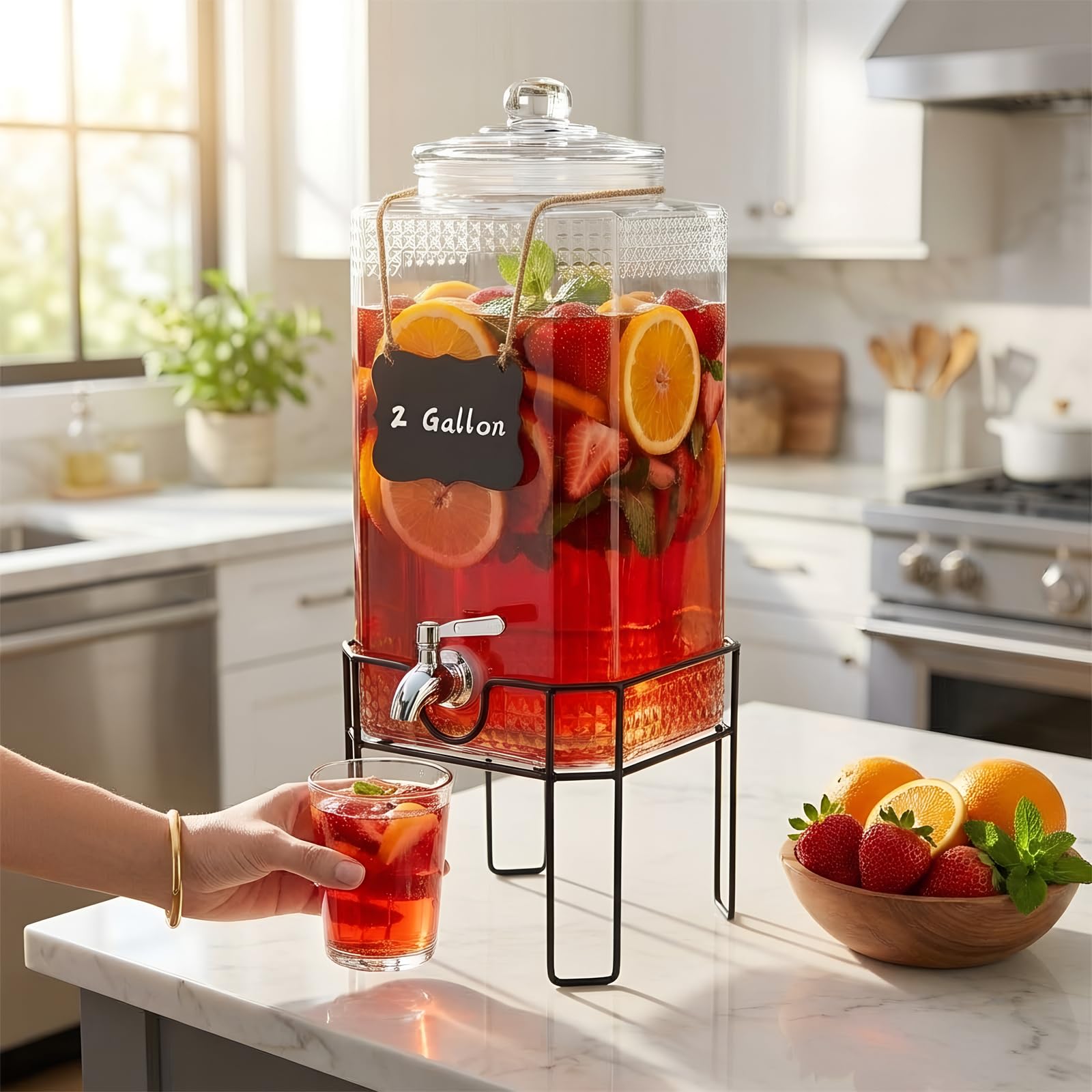 2 Gallonen Glas Getränkespender Getränkespender für Partys, Getränkespender mit Ständer und Glasdeckel, 100% auslaufsicherer Edelstahl-Zapfhahn für Limonade, Saft, Sangria, Eistee und Cocktails