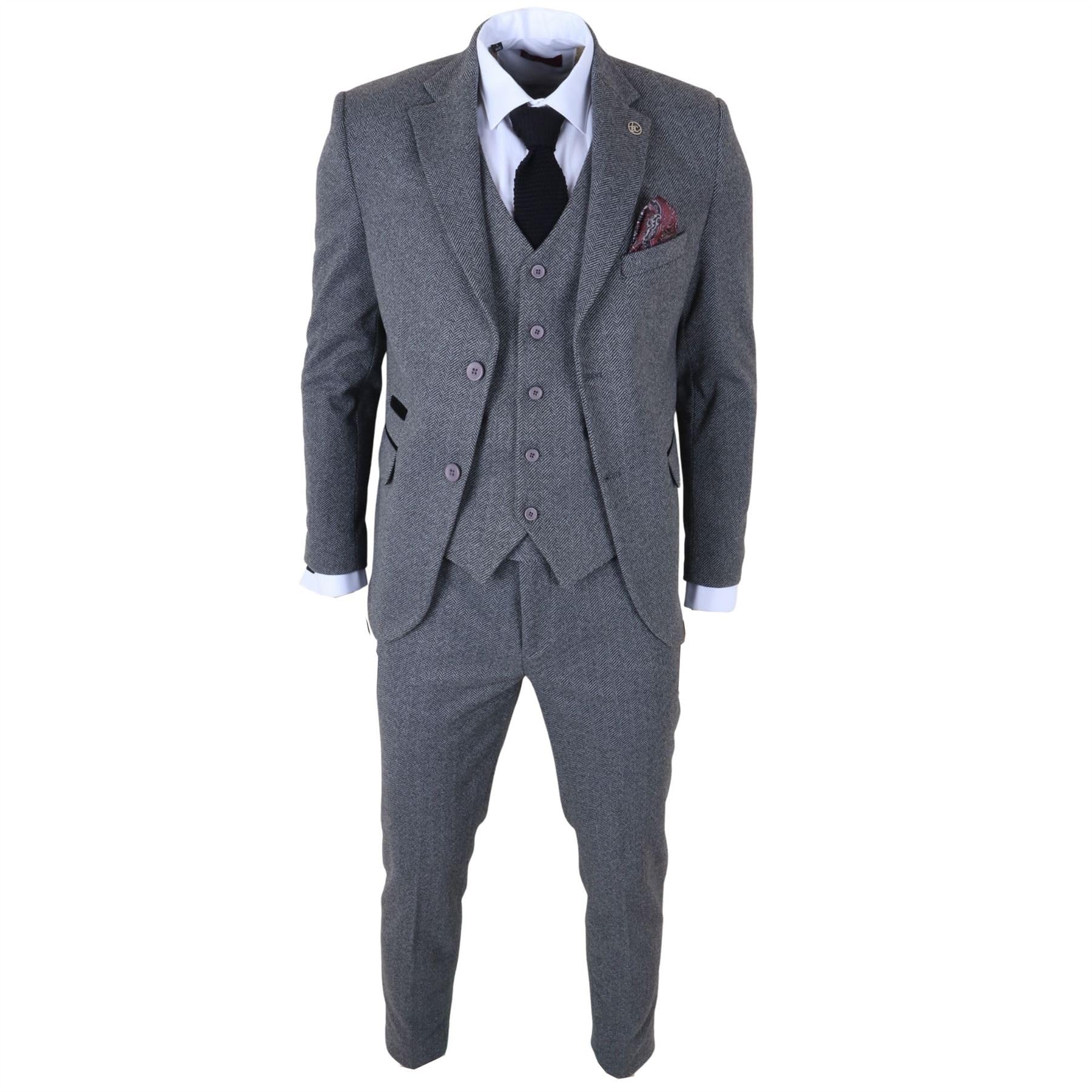 Truclothing Men's Grey Im41 - 3 Piece Tweed Herringbone Suits - 40" Jacket 34" Trousers
