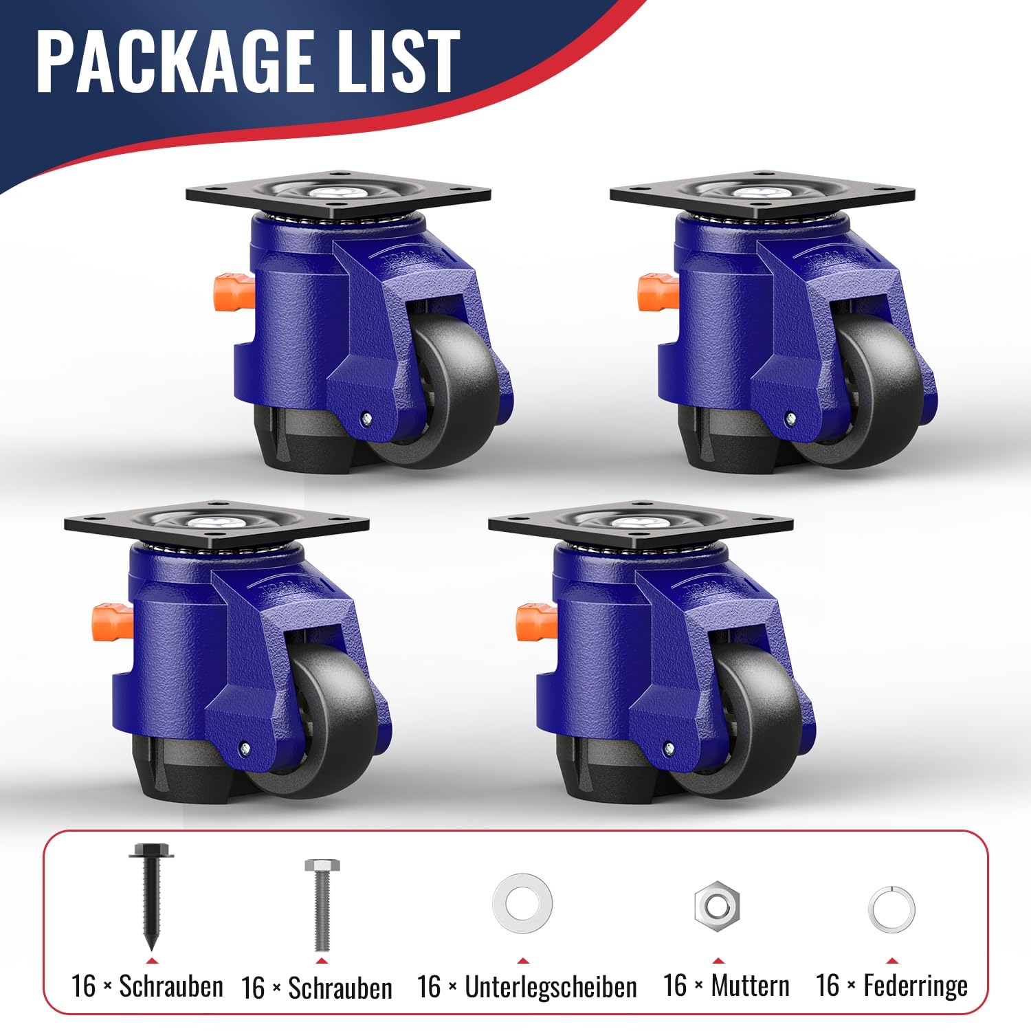 4 x Premium Nivellierrollen - Schwerlastrollen mit Ratschengriff - Gesamthöhe 107-114 mm - Industrierollen für Werkbank