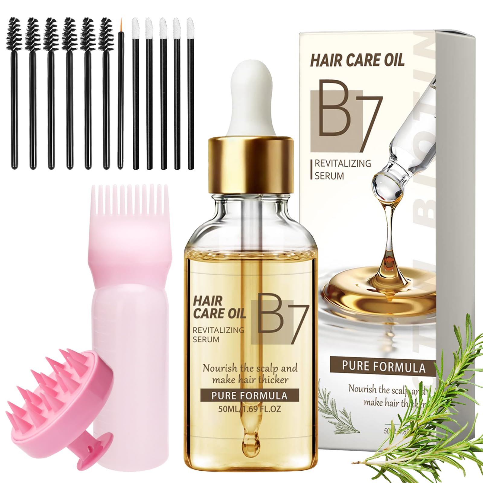 Rosmarinöl Haare Haaröl Damen 50ml, Natürliches Haarpflegeöl für Kopfhaut Pflege, Rosmarin Haarpflege mit Silikon Massagebürste, Pflegeöl für Trockenes Haar und sprödes Haar