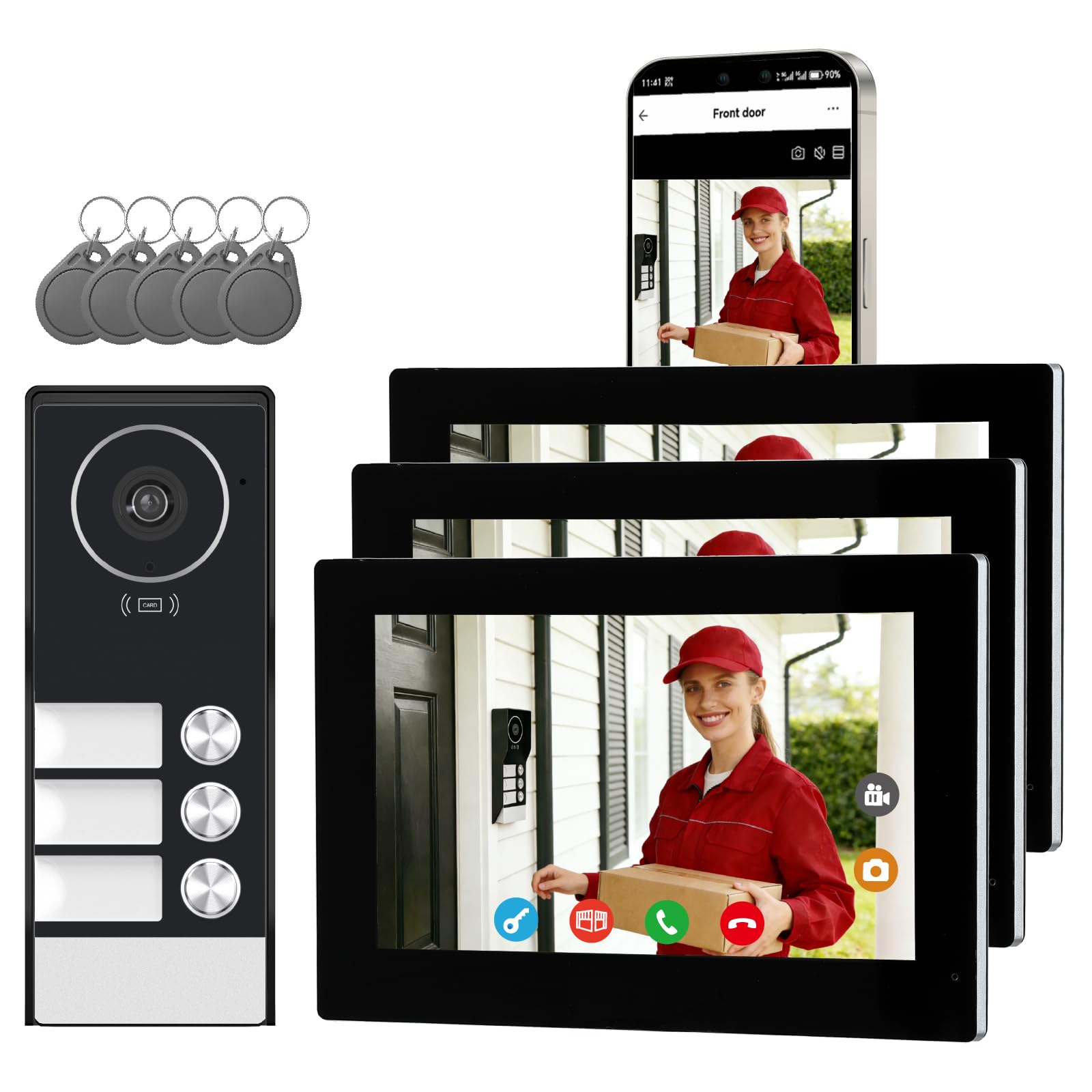 Videocitofono cablato con 3 Monitor Touch da 7 Pollici, Pannello Esterno con Telecamera, Campanello Video 2 Fili con Visione Notturna,Audio Bidirezionale, per 3 Famiglie