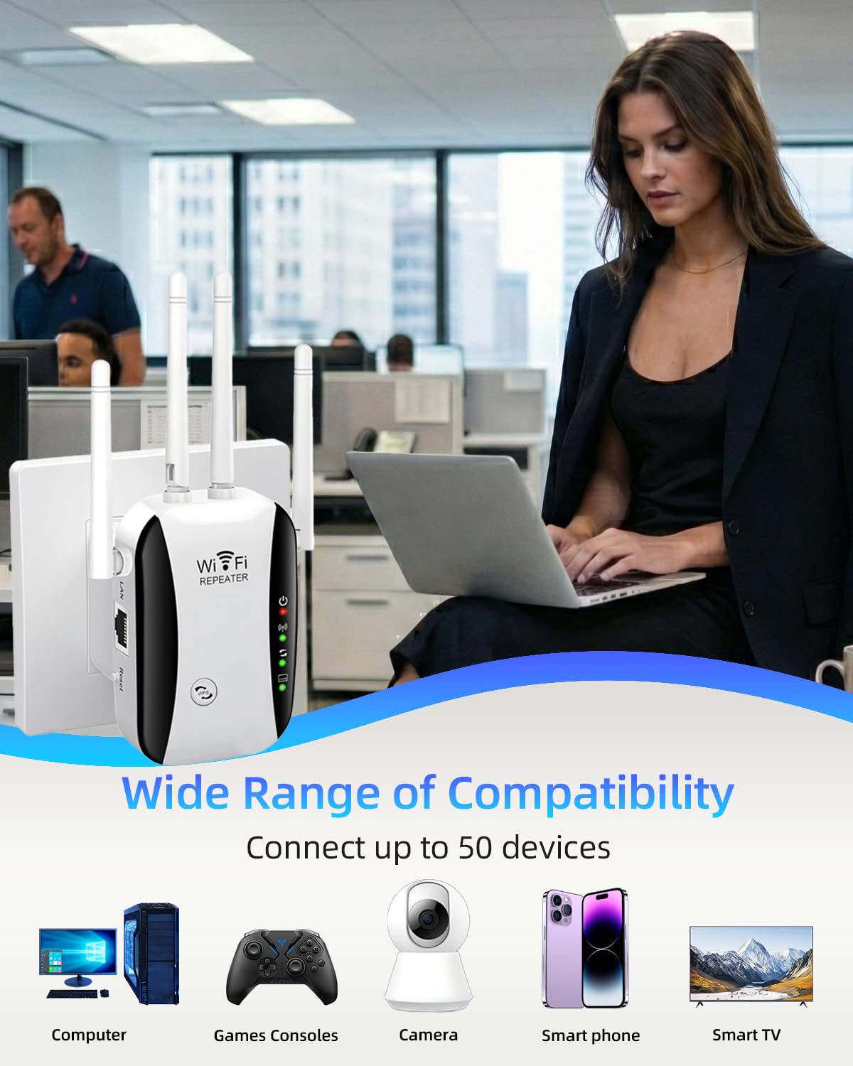 2026 WiFi Extender, WiFi Booster, Long Range WiFi Signal Amplifier, 4 Antennas Cover 5000 Sq.ft & 50 Devices, Internet Repeater with Ethernet Port, Quick Setup, UK Plug, White — view 2