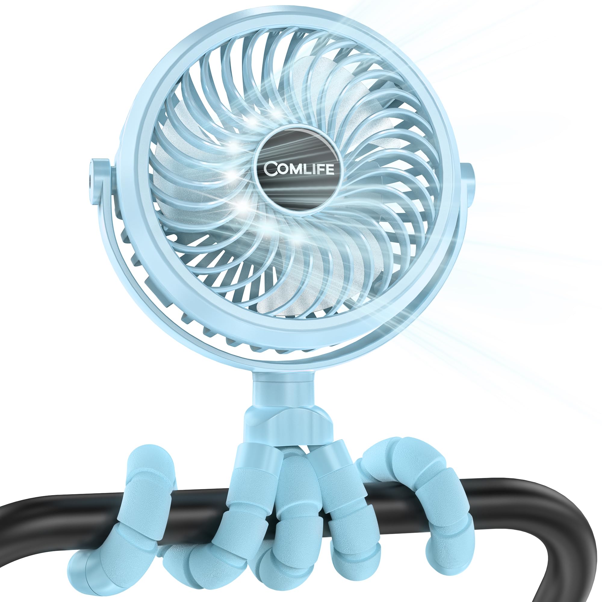 COMLIFE Baby Stroller Fan With Light, Rechargeable Battery Operated, Max 10Hrs Cooling, 3 Speeds, 360° Rotate USB Desk Fan, Flexible Tripod Clip On