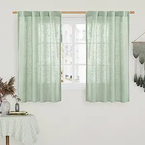 LAMIT 54 Inch Semi Sheer Window Linen Curtains, Light Filtering Panels Back Tab and Rod Pocket Country Decor Drapes for Bedroom/Farmhouse, Fresh Green, 2 Panels, 34 x 54 Inch