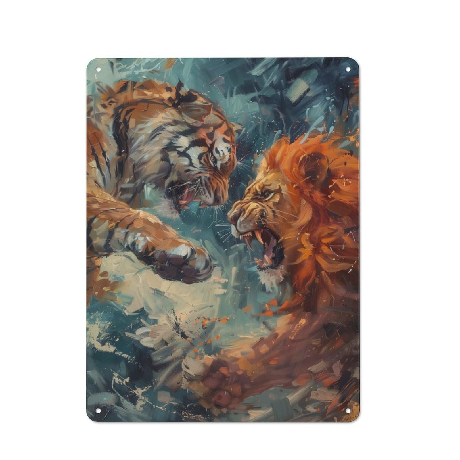 Industrial Tin Wall Sign 40x30cm Featuring Tiger Lion Abstract Art, Urban Room Decor for Workspace, Cafe, Hallway Or Garage