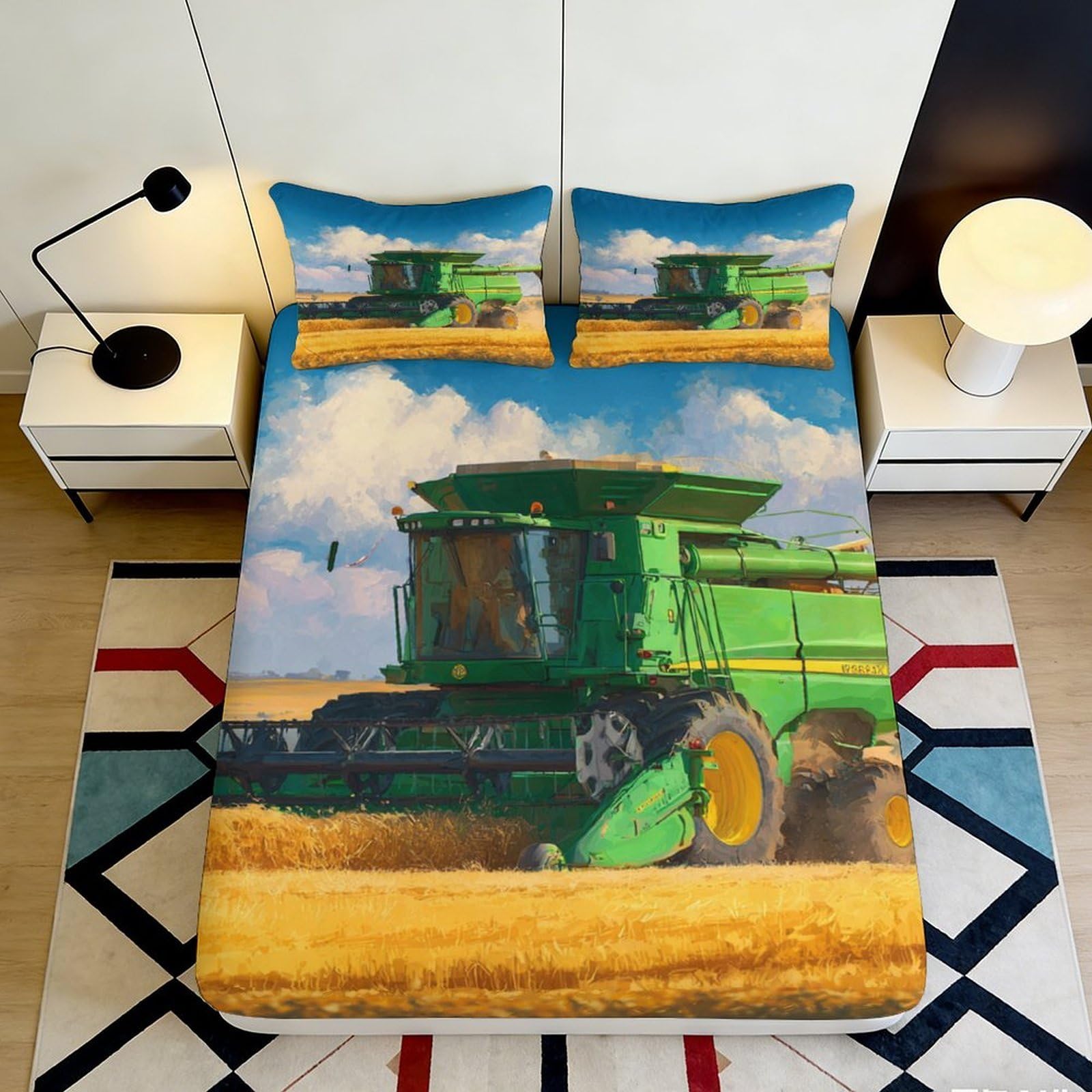 Uxinyoume Style-4 3D Printed Green Harvester Fitted Sheet Microfiber Soft Farm Tractor Bed Cover For Bedroom Dorm Mattress Decor 90X200x25cm
