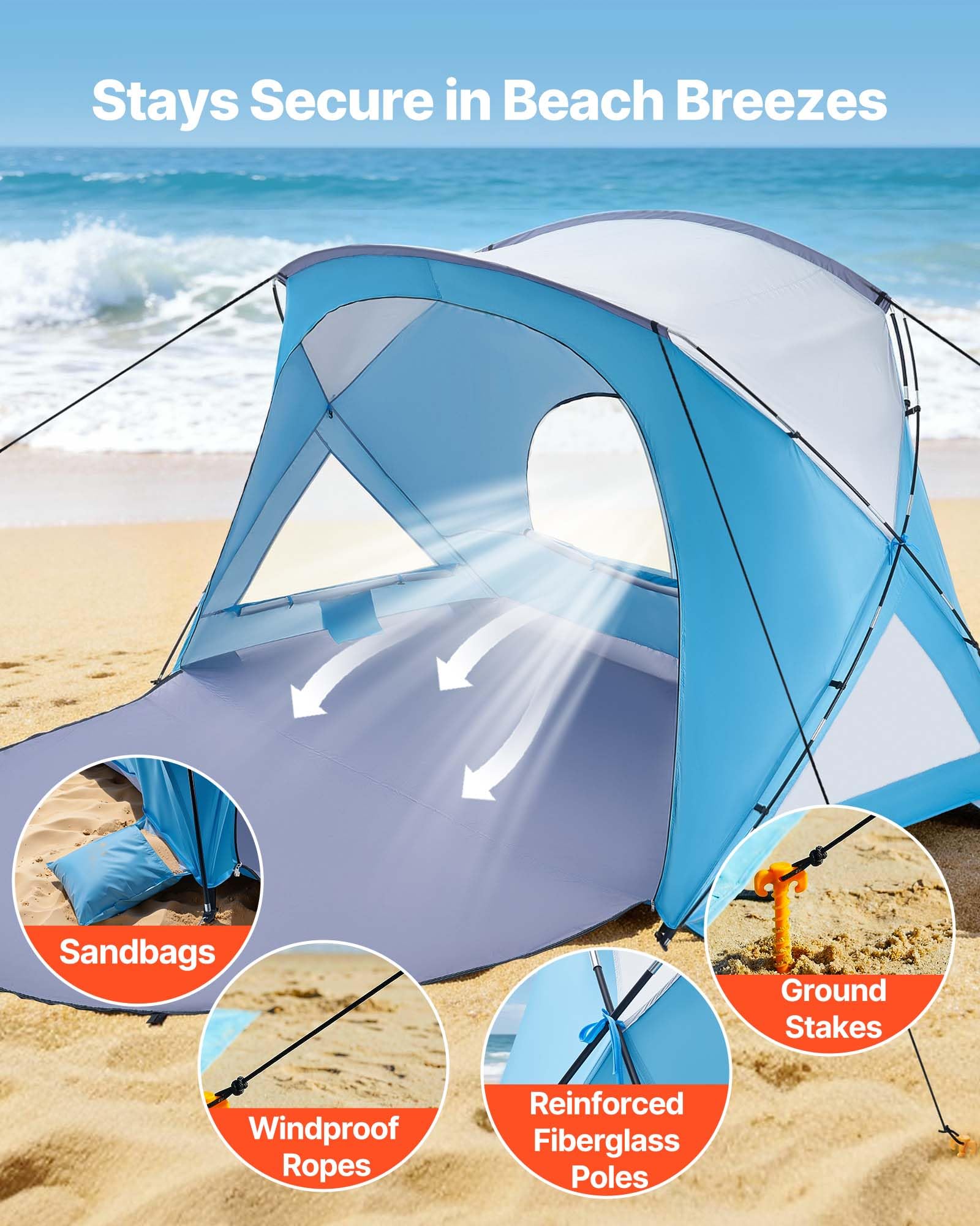 VEVOR Namiot plażowy dla 6 osób, UPF 50+, przenośny parasol plażowy z torbą do przenoszenia i kieszeniami na piasek, lekki i łatwy w instalacji, parasol plażowy na kemping