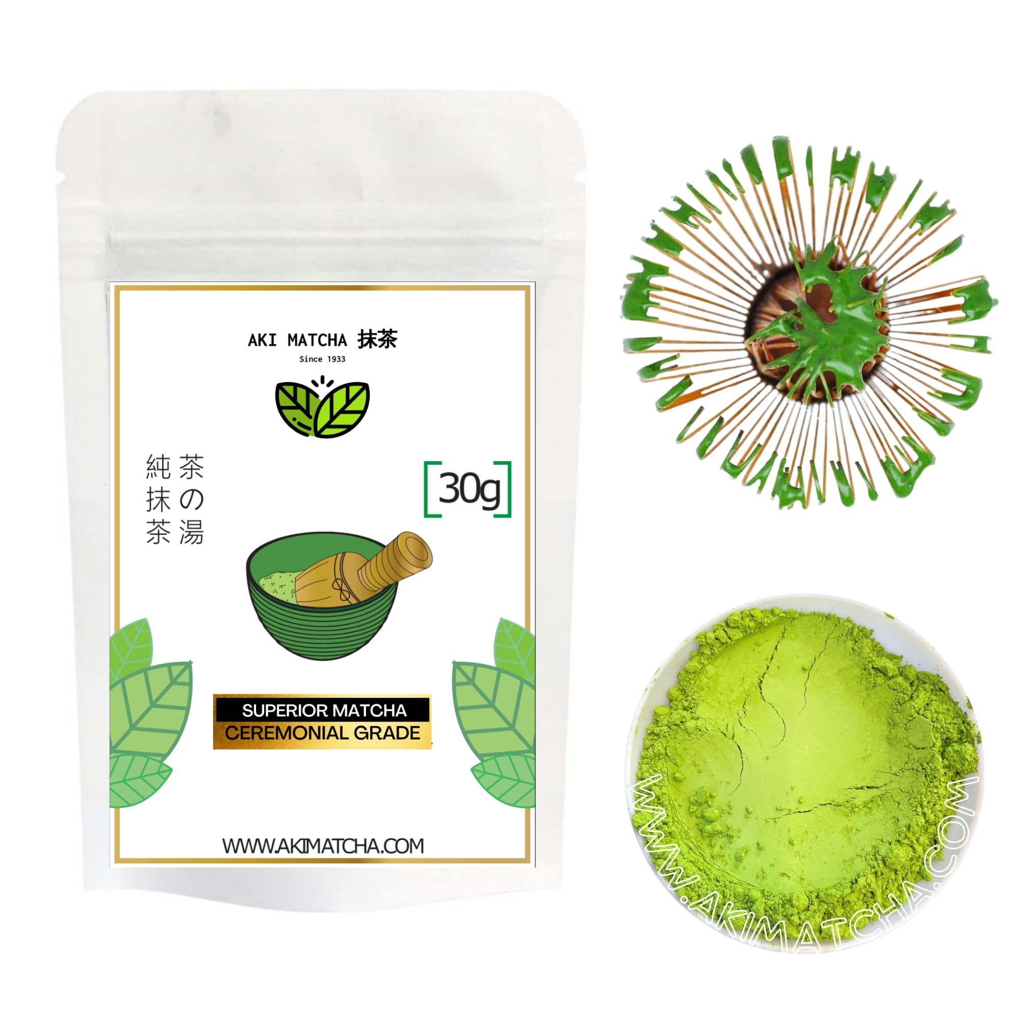 AKI MATCHA - Superior Matcha | Pure Japanese Matcha 100% Ceremonial Grade | Single Origin - Shizuoka Japan | Cultivar - Okumidori | Stone milled First Harvest Hand picked | Size 30g (15serv)
