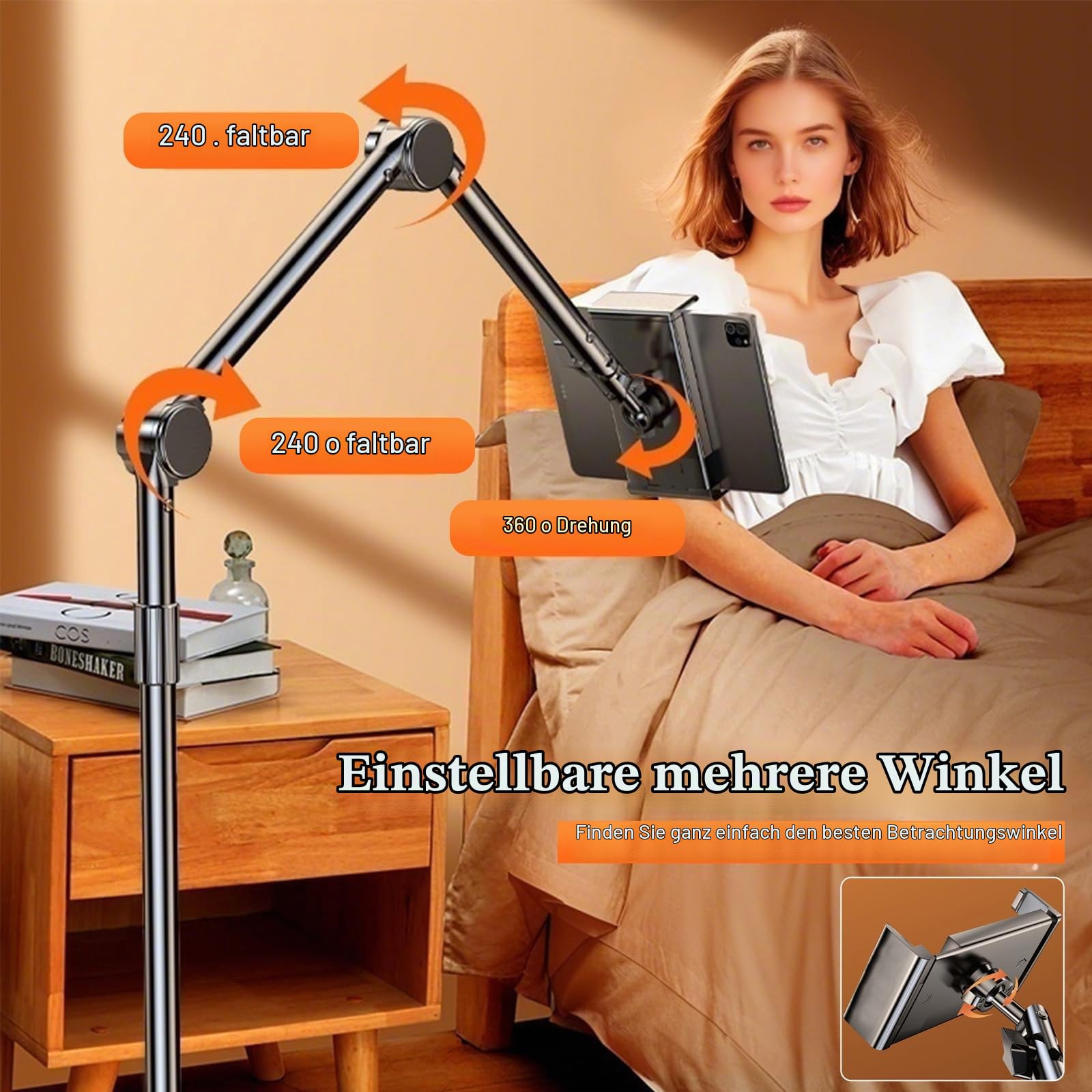 Tablet Bodenständer,Tablet Halterung 360 Grad Drehbar Höhenverstellbarer Metall Tablet Halter mit Ausziehbarer Arm für Zuhause Bett Sofa Kompatibel mit 4-12.8" iPad iPhone Kindle E-Reader (3 Segment)