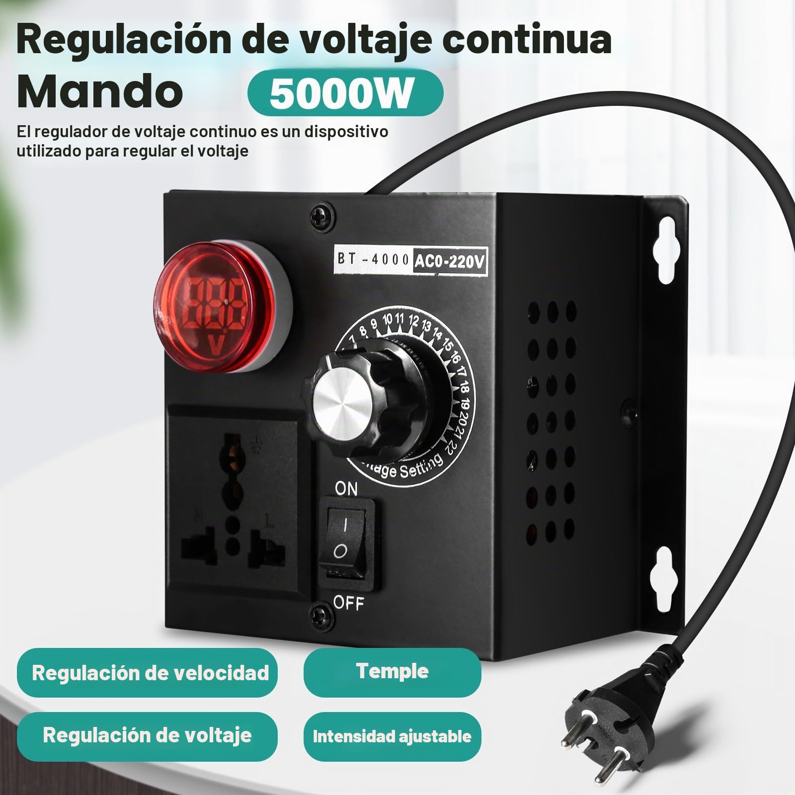 DEWIN Regulador de Voltaje 220V AC Regulador de Velocidad Ajustable 5000W SCR Controlador de Velocidad de Ventilador Multifuncional Reductor de Velocidad, Temperatura y Luz (EU Plug)