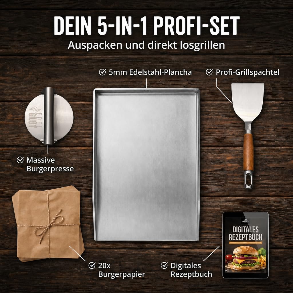 Plancha-Grillplatte-Set - 5mm Premium-Edelstahl-Grillplatte inkl. Burgerpresse, Grillspachtel, Burgerpapier, Rezeptbuch - Smash-Burger-Set - Grill-Zubehör-Männer-Geschenk