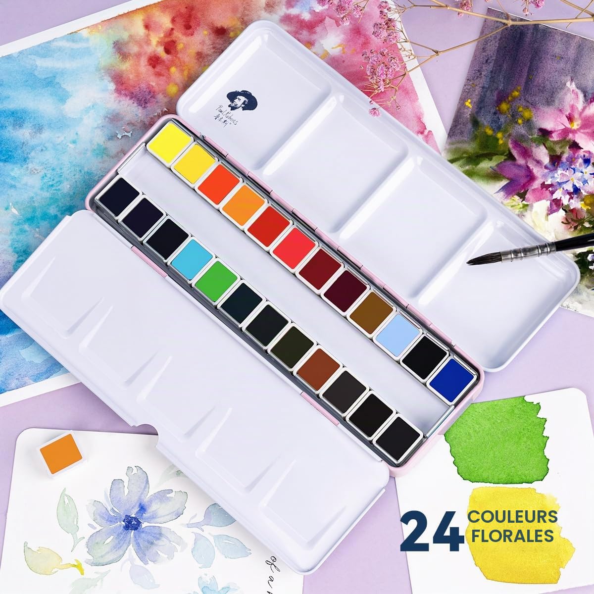 Ensemble de peintures aquarelle Paul Rubens, 24 couleurs florales vives de qualité artiste avec boîte métallique portable pour artistes, débutants, passionnés et étudiants