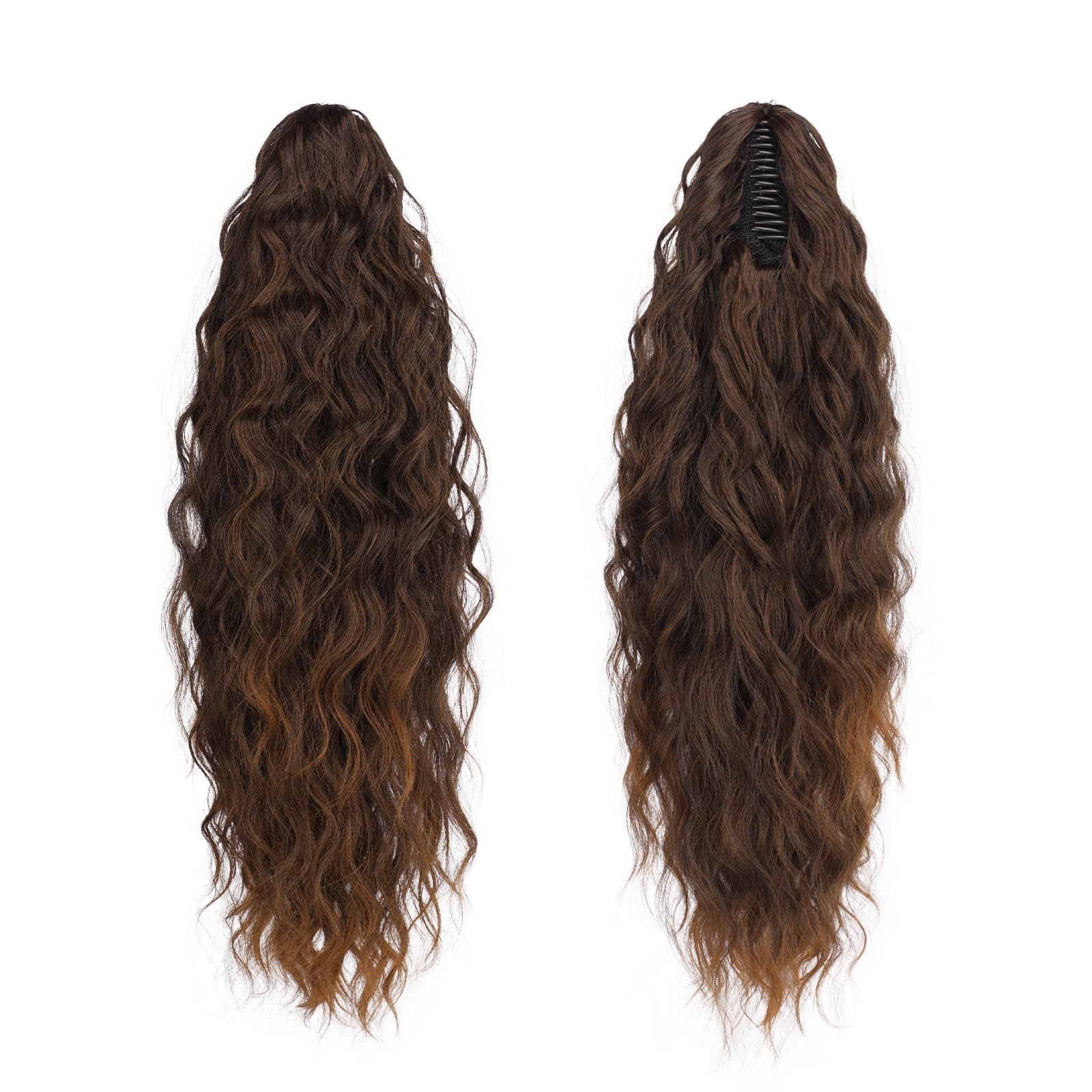 FESHFEN Claw Clip Ponytail Extensions, Long Pony Tail Hair Piece Wavy Curly Synthetic Hairpieces for Women Black to Auburn 26 inch - Image 2