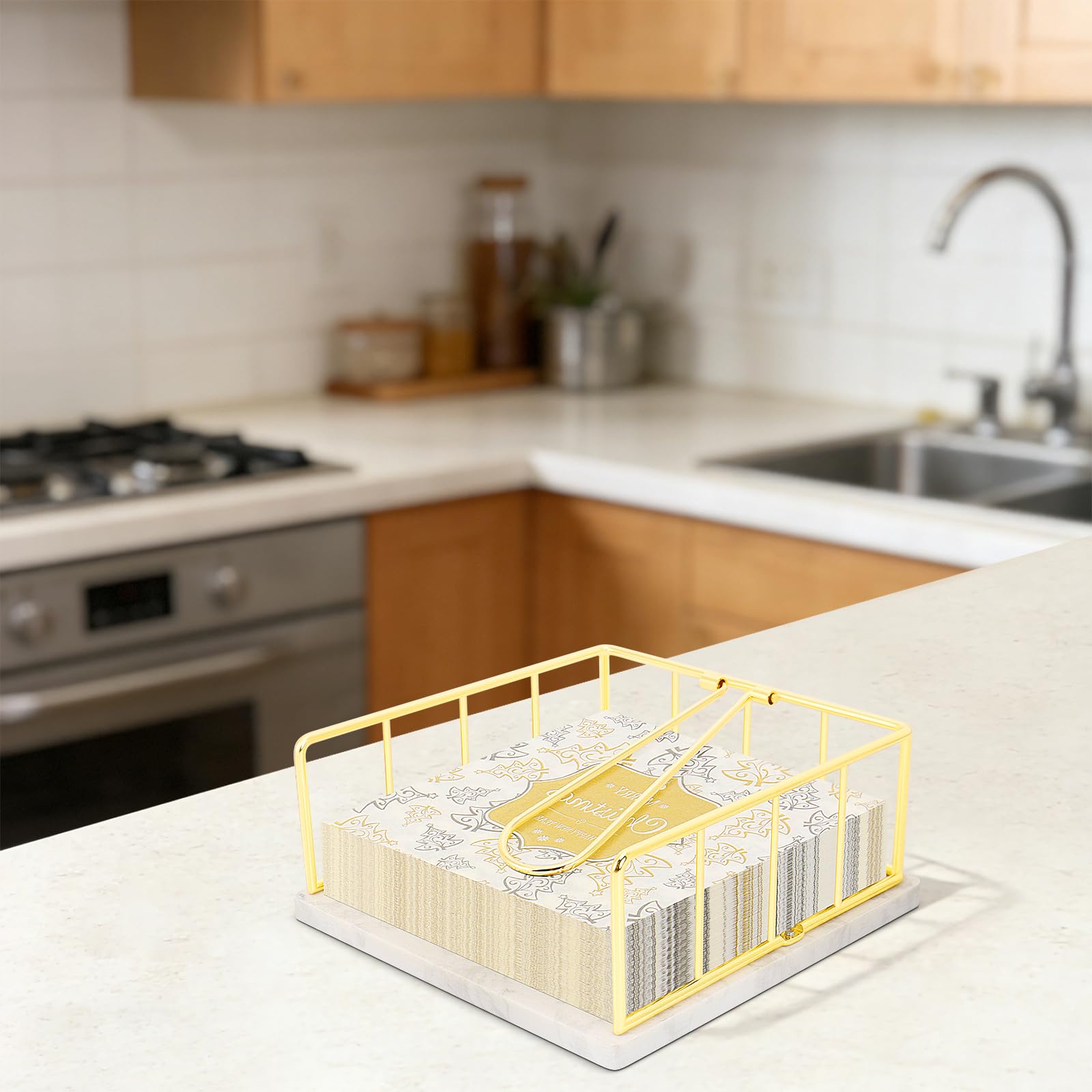 Livabber Servilletero plano con base de mármol, servilletero de cocina de metal con brazo de tensión pesado, dispensador de papel de seda rústico para encimera, mesa, cocina, comedor (dorado)