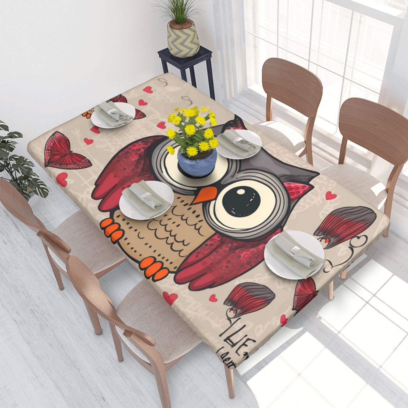 Love Owl Waterproof Square Table Cover Elastic Fitted Tablecloth Oil Proof Table Protector For 4ft Table