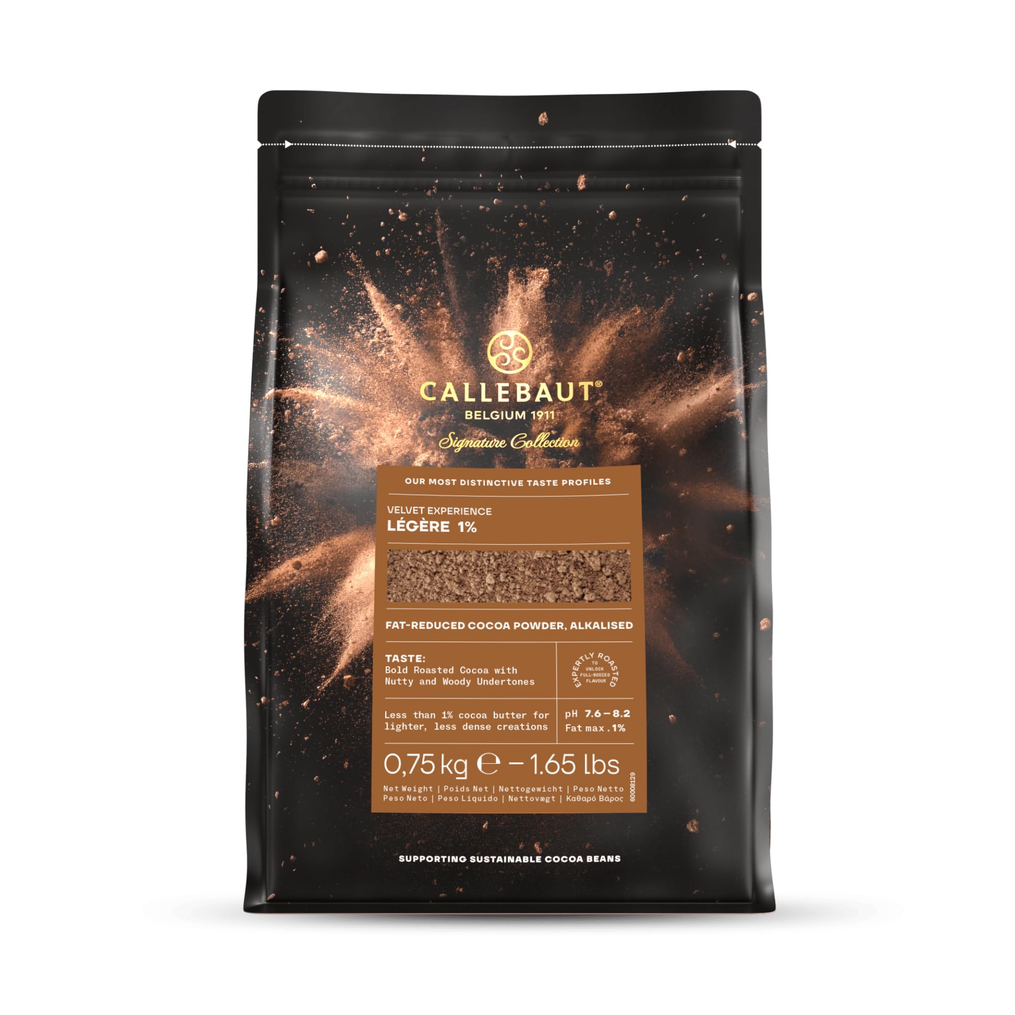 Callebaut Signature Collection Velvet Légère 1% cacao en polvo desgrasado alcalizado bajo en grasa cacao para hornear, 750 g
