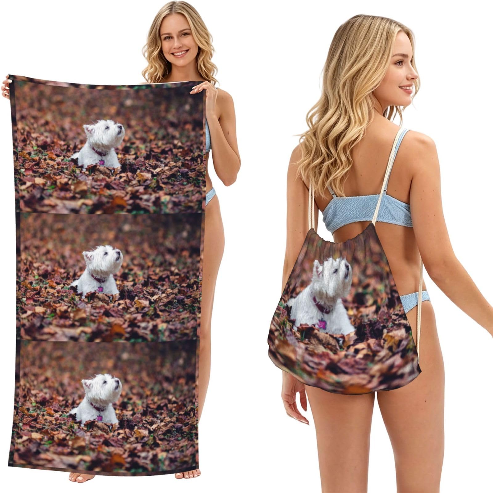 Poadnly As Picture Westie Bokeh West Highland White Terrier Dogs, 2 In 1 Packable Towel Bag, Beach Towels With Drawstring Backpack For Travel Holiday Camping