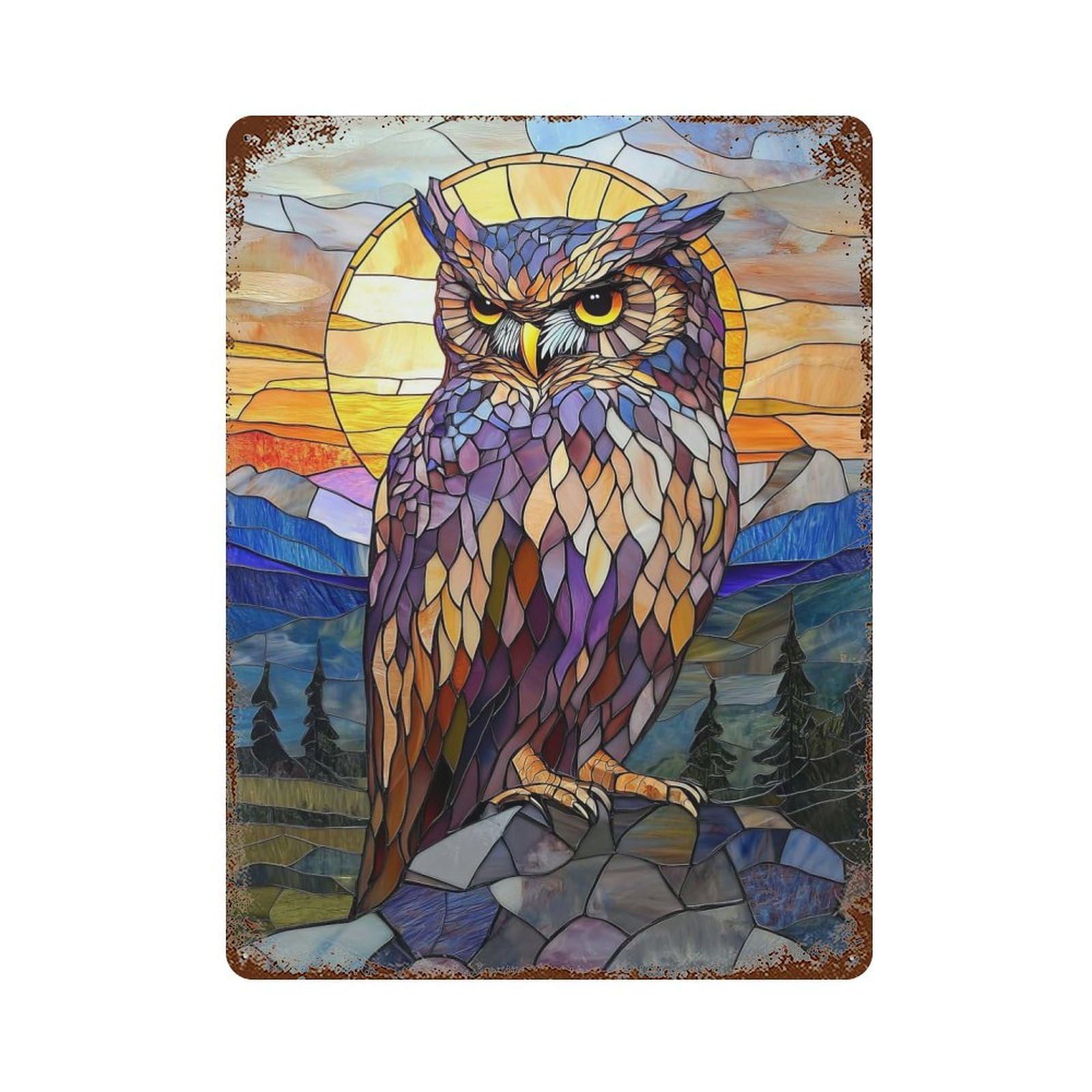 Rust Effect Stained Glass Owl Vintage Rust Metal Sign 15.7"x11.8", Farmhouse Wall Decor for Basement, Hobby Room And Garage Decor