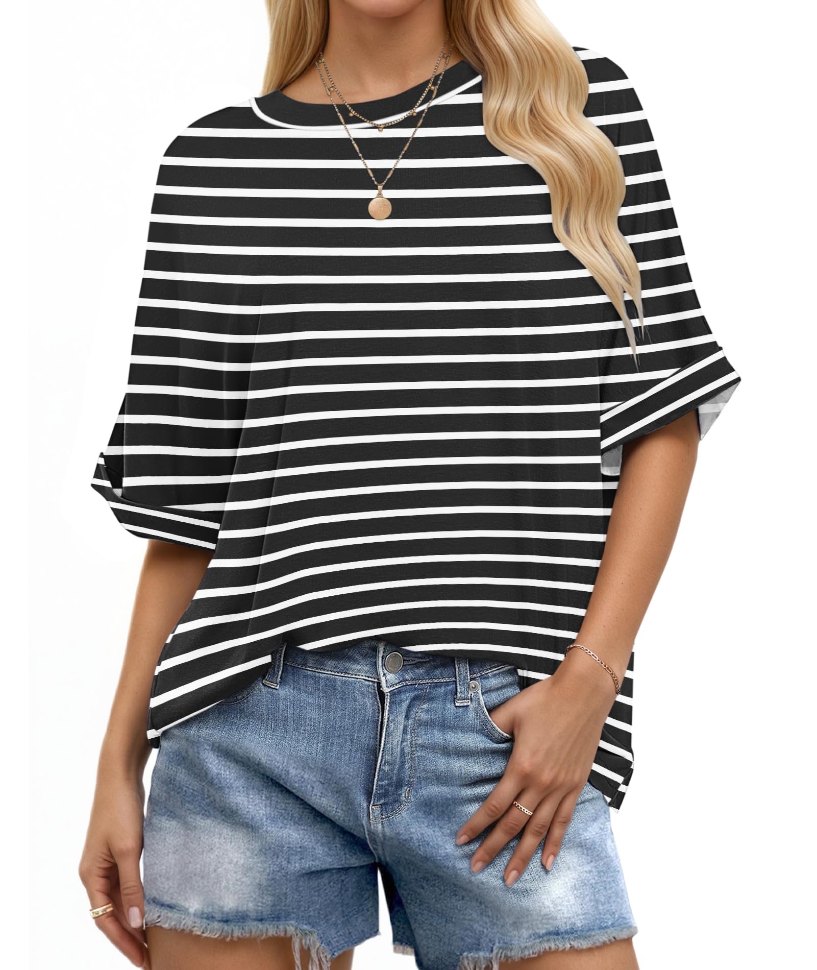 WNEEDU Oversize Shirt Damen Kurzarm Rundhals Oberteile Damen Sommer Basic T-Shirt Locker Lässige Top Oversize Bluse mit Gekrempelten Ärmeln