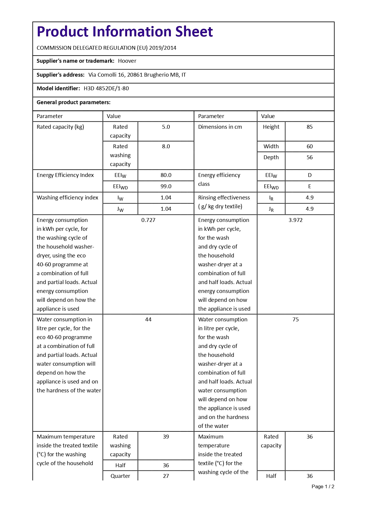 Buy Hoover HWash 300 H3D4852DE Freestanding Washer Dryer, Sensor Dry