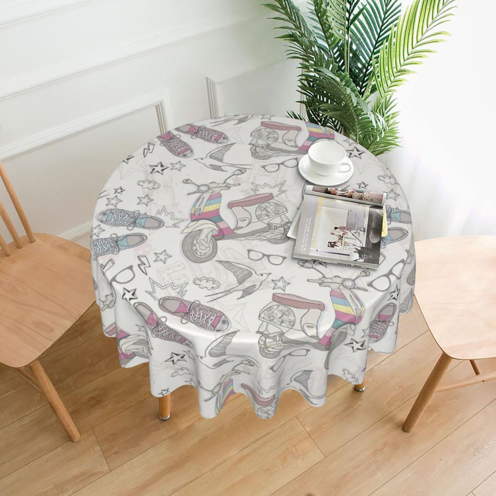Zcmkjlg Cartoon car bird shoes Print Quick Ship Round Tablecloth 60in Polyester Washable Cover for Dining Room