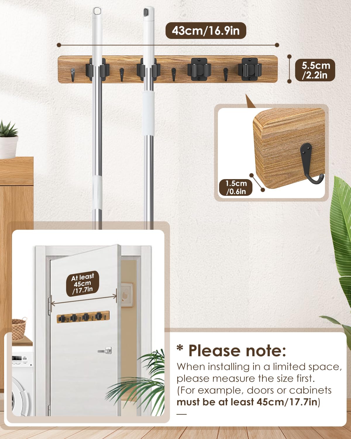 Soporte para escoba montado en la pared, 4 soportes y 4 ganchos, soporte para trapeador de madera y escoba con goma antideslizante, soporte de cepillo de madera de pino natural, orificio de pared para 4