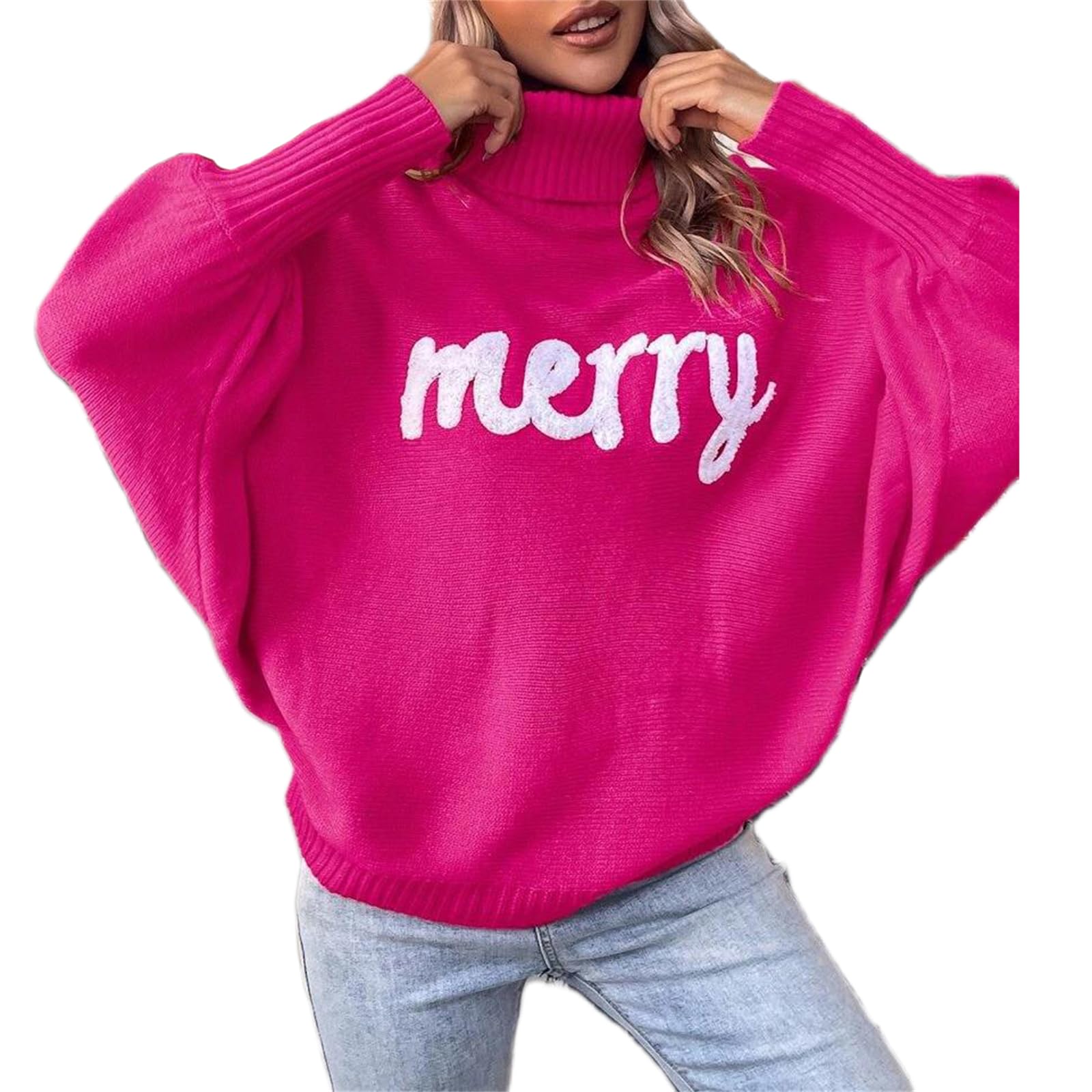 Merry Christmas Sweater for Women 2025 Long Batwing Sleeve Turtleneck Oversized Pullover Jumper Fall Winter Knit Tops
